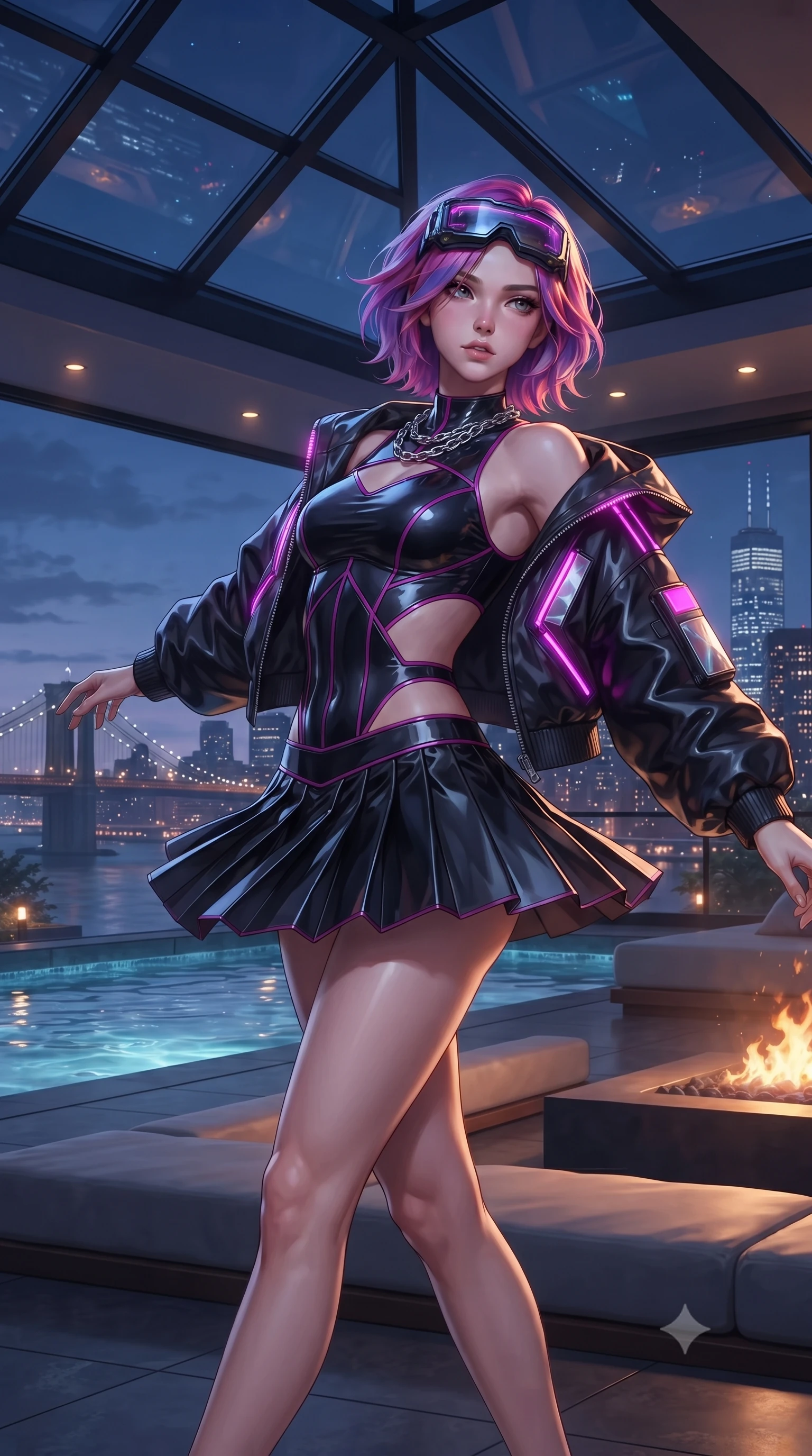 score_9, masterpiece, best quality, ultra-detailed, high-budget anime keyframe, editorial fashion photography, tasteful artistic composition, Caucasian woman. low angle full-body shot from head to toe showing her feet, filling the entire 9:16 vertical frame with her statuesque presence, stretching her vertical silhouette. executing an elegant mid-motion spin with effortless grace, her garments fluttering softly around her ultra-slim waistline while arching her spine in a relaxed yet alluring pose on a modern lounge daybed under starry penthouse skylights. The surrounding environment is rendered in vivid detail and crisp panoramic clarity. detailed skyscraper skyline panoramas, distant suspension bridges, and pool water ripples in high resolution. She has an absolutely perfect, statuesque 8.5-heads proportion, an exceptionally tall and slender model-like female figure with impossibly long slender legs, a toned flat midriff, and an ultra-slim waist. sharp v-shaped jawline, high-bridge nose, intricate jewel-like eyes with depth, thick eyelashes, glossy lips with a natural sheen, captivating and magnetic expression, flawlessly proportioned anatomical accuracy, strict slender model proportions, natural body alignment, perfectly sculpted long slender limbs, ultra-slim waistline, clean dynamic posture without body distortion. wearing a daring cutout cyberpunk bodysuit paired with an oversized neon-accented bomber jacket and pleated micro-skirt in matte black and vivid magenta, tailored from second-skin aerodynamic stretch vinyl and insulated satin, accessorized with a chunky silver chain necklace and cyber-visor goggles resting on her brow, the form-contouring material adhering flawlessly to her sculpted flat midriff and slender torso, emphasizing her long leg lines and perfectly proportioned willowy build. bathed in twilight indigo sky tones and warm amber rooftop fire pit glow. ultra-reflective glossy finish, specular highlights, rich textural contrasts, high-contrast stereoscopic depth, volumetric dynamic lighting, 2k, ultra detail, master piece, 9:16 ratio