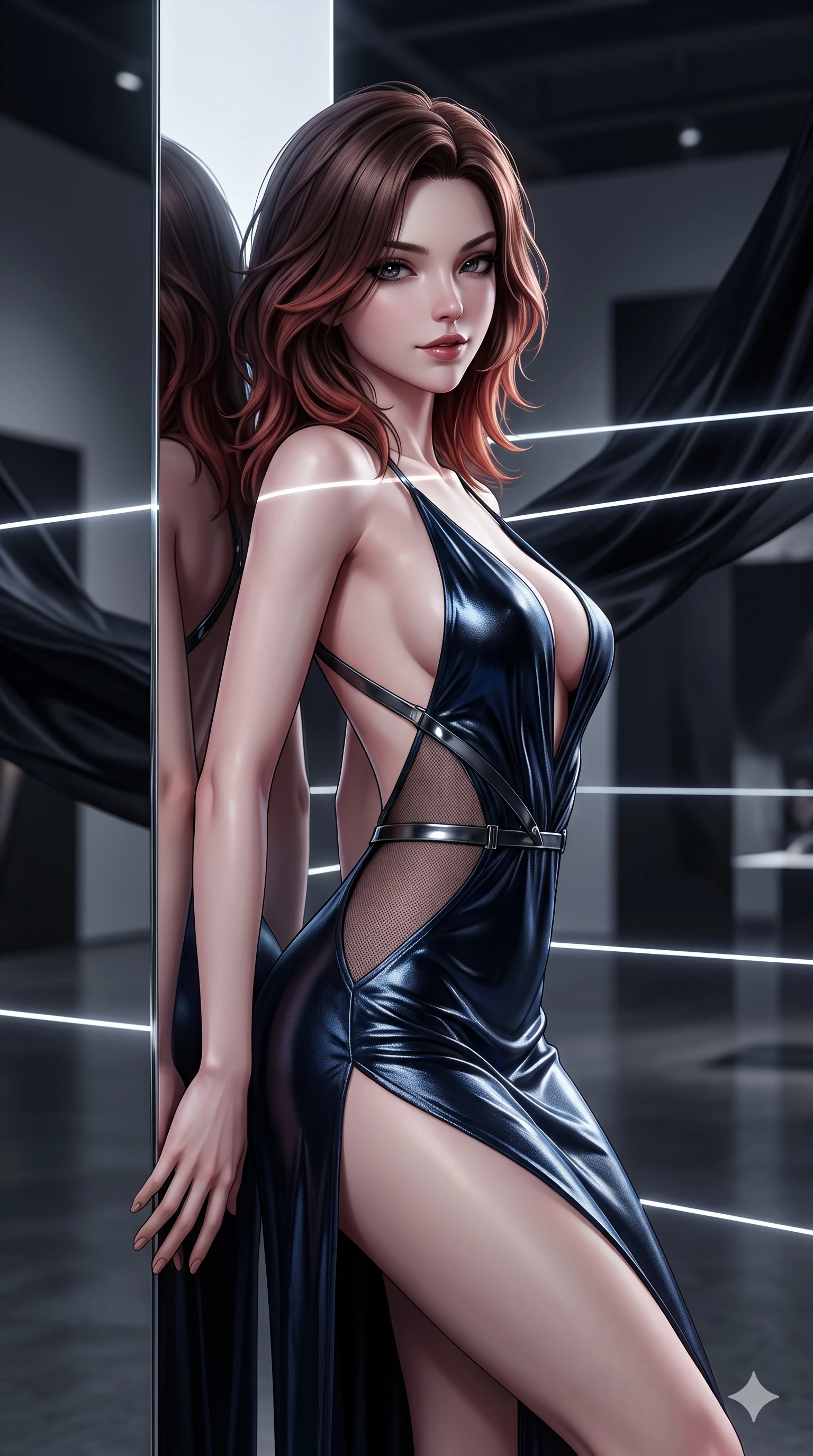 score_9, masterpiece, best quality, ultra-detailed, high-budget anime keyframe, semi-realistic 3D game render, editorial fashion photography, tasteful artistic composition, Korean woman. close-up cowboy shot from the waist and thighs up, the character dominates the composition, filling the frame with her large presence. smiling with quiet, magnetic self-assurance directly into the camera with heavy-lidded sparkling eyes while leaning back against the mirror-finish gallery pylon with hips cocked back, casting an intoxicating, sultry bedroom-gaze over her shoulder. The background shows a soft-focus avant-garde modern art pavilion softened in conceptual museum shallow focus. She has an exceptionally elegant, slender, and willowy female figure with an ultra-slim waist, flat toned midriff, narrow ribcage, and sculpted feminine hips creating an alluring, slim hourglass silhouette without bulk. sharp v-shaped jawline, high-bridge nose, intricate jewel-like dark sparkling eyes with hypnotic seductive depth, thick curled eyelashes, glossy parted lips with a natural wine sheen, alluring bedroom-eyes with an enigmatic smoldering smile, exuding magnetic sovereign charisma and dark avant-garde glamour, flawlessly proportioned anatomical accuracy, strict slender model proportions, natural body alignment, perfectly sculpted long slender limbs, ultra-slim waistline, clean dynamic posture without body distortion. wearing a provocative backless liquid lamé slip dress with plunging neckline and hip-high thigh slit in midnight navy blue and smoky pitch black, featuring strategic sheer-illusion micro-mesh cutouts along her ribcage and hip flanks, highlighted by a gunmetal metallic harness structure, accentuating her gracefully sculpted slender torso and statuesque proportions. bathed in razor-thin horizontal white laser sheets slicing through billowing black silk. highly saturated vibrant anime colors, detailed shading with soft gradients, rich glossy textures, high-contrast stereoscopic depth, volumetric dynamic lighting, master piece, 9:16 ratio