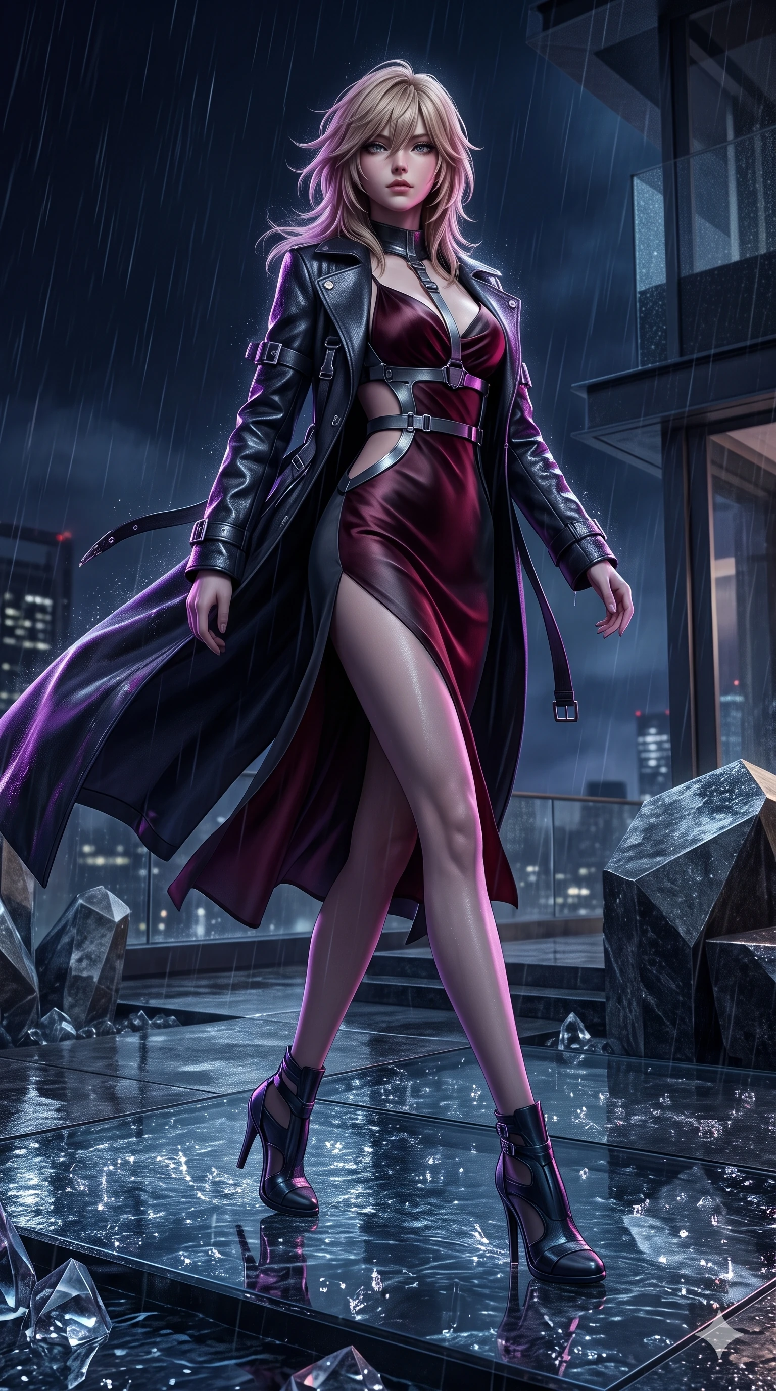 score_9, masterpiece, best quality, ultra-detailed, high-budget anime keyframe, semi-realistic 3D game render, editorial fashion photography, tasteful artistic composition, Japanese woman. low angle full-body shot from head to toe showing her feet, filling the entire 9:16 vertical frame with her statuesque presence, stretching her vertical silhouette. striding across the rain-swept glass terrace, nocturnal breezes whipping her garments open to accentuate her long slender legs and curvy hips while standing tall on the reflective mineral floor, stretching her statuesque body with effortless sovereign poise as crystal reflections shimmer. The surrounding environment is rendered in vivid detail and crisp panoramic clarity: detailed structured dark leather coat drape, titanium buckle clasps, and geometric mineral formations in razor-sharp precision. She has an absolutely perfect, statuesque 8.5-heads proportion, an exceptionally tall and slender model-like female figure with impossibly long slender legs, an ultra-slim waist, a flat toned midriff, narrow delicate ribcage, and beautifully sculpted feminine hips creating a graceful, slim hourglass silhouette without any bulky heaviness. sharp v-shaped jawline, high-bridge nose, intricate jewel-like dark sparkling eyes with hypnotic seductive depth, thick curled eyelashes, glossy parted lips with a natural wine sheen, alluring bedroom-eyes with an enigmatic smoldering smile, exuding magnetic sovereign charisma and dark avant-garde glamour, flawlessly proportioned anatomical accuracy, strict slender model proportions, natural body alignment, perfectly sculpted long slender limbs, ultra-slim waistline, clean dynamic posture without body distortion. wearing a form-contouring gossamer silk chiffon slip dress with hip-high slit and open cowl back clinging with mist in deep crimson burgundy and matte charcoal, tailored from smooth liquid silk satin that clings smoothly to her narrow waist and rounded hips with a dewy sheen, highlighted by a gunmetal metallic harness structure, the precision-cut side openings and low-back scoop framing her graceful spine and the sensual sweep of her slim, toned hips. illuminated by crystalline floor bounce and sharp amethyst-violet rim lights defining her razor-sharp jawline, narrow waist, and curvy hips. highly saturated vibrant anime colors, detailed shading with soft gradients, rich glossy textures, high-contrast stereoscopic depth, volumetric dynamic lighting, master piece, 9:16 ratio
