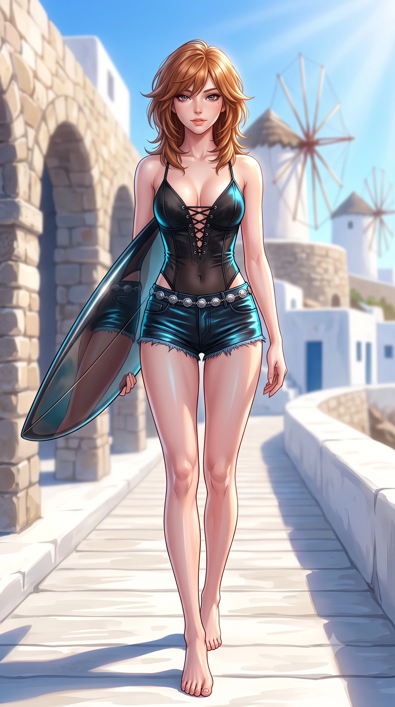 score_9, masterpiece, best quality, ultra-detailed, high-budget anime keyframe, semi-realistic 3D game render, editorial fashion photography, tasteful artistic composition, Korean woman. low angle full-body shot from head to toe showing her feet, filling the entire 9:16 vertical frame with her statuesque presence, stretching her vertical silhouette. stepping slowly toward the camera with hypnotic grace, hips swaying in an alluring sensual rhythm that accentuates her curvy hourglass silhouette and long slender legs while standing tall on the whitewashed boardwalk beside the historic windmills, arching her spine with effortless Aegean supermodel grace. The background shows a soft-focus cycladic stone arches softened in idyllic Greek island shallow focus. She has an absolutely perfect, statuesque 8.5-heads proportion, an exceptionally tall and slender model-like female figure with impossibly long slender legs, an ultra-slim waist, a flat toned midriff, narrow delicate ribcage, and beautifully sculpted feminine hips creating a graceful, slim hourglass silhouette without any bulky heaviness. sharp v-shaped jawline, high-bridge nose, sparkling eyes with hypnotic seductive depth, thick curled eyelashes, glossy parted lips with a natural dewy peach sheen, alluring bedroom-eyes with an enchanting coquettish smile, exuding magnetic siren charisma and sophisticated glamour, flawlessly proportioned anatomical accuracy, strict slender model proportions, natural body alignment, perfectly sculpted long slender limbs, ultra-slim waistline, clean dynamic posture without body distortion. wearing a plunging lace-up suede bustier top paired with ultra-short frayed denim cutoffs and a silver concho waist chain in wet-look onyx black with electric cyan reflections, made of semi-opaque stretch illusion mesh with soft shadowy contours, accented with a custom high-gloss tinted surfboard held lightly with one hand, the glove-like clinging cut tightly following the natural contour of her hips and long slender legs with youthful 8.5-heads elegance. bathed in brilliant Grecian afternoon sunlight bouncing off whitewashed stone surfaces. highly saturated vibrant anime colors, detailed shading with soft gradients, rich glossy textures, high-contrast stereoscopic depth, volumetric dynamic lighting, master piece, 9:16 ratio