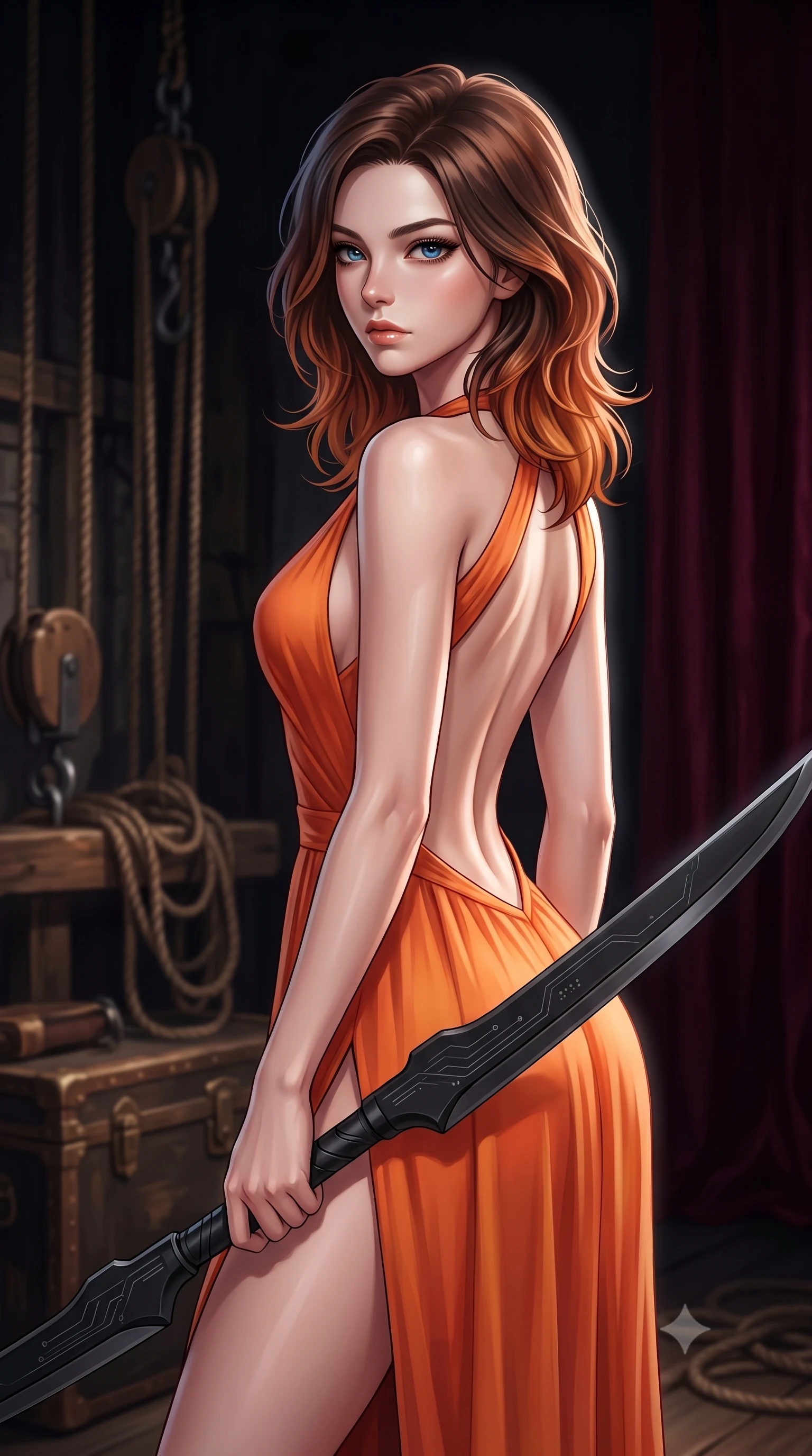 score_9, masterpiece, best quality, ultra-detailed, high-budget anime keyframe, editorial fashion photography, tasteful artistic composition, Korean woman. close-up cowboy shot from the waist and thighs up, the character dominates the composition, filling the frame with her large presence, background elements kept in soft focus. holding a deactivated nanotech glaive, looking past the camera with quiet, sharp focus and a composed expression, the background shows a soft-focus a vintage stage wing with wooden trunks, pulleys, and ropes in the dark. She has an exceptionally elegant, slender, and willowy female figure with an ultra-slim waist, a gracefully sculpted slender torso, and a refined silhouette. sharp v-shaped jawline, high-bridge nose, intricate jewel-like eyes with depth, thick eyelashes, glossy lips with a natural sheen. wearing a tailored high-slit space combat gown in sunset orange chiffon, featuring a daring thigh-slit and an open-back design. dramatic chiaroscuro lighting focusing on her athletic, slender build. highly saturated vibrant anime colors, detailed shading with soft gradients, rich glossy textures, high-contrast stereoscopic depth, volumetric dynamic lighting, master piece, 9:16 ratio