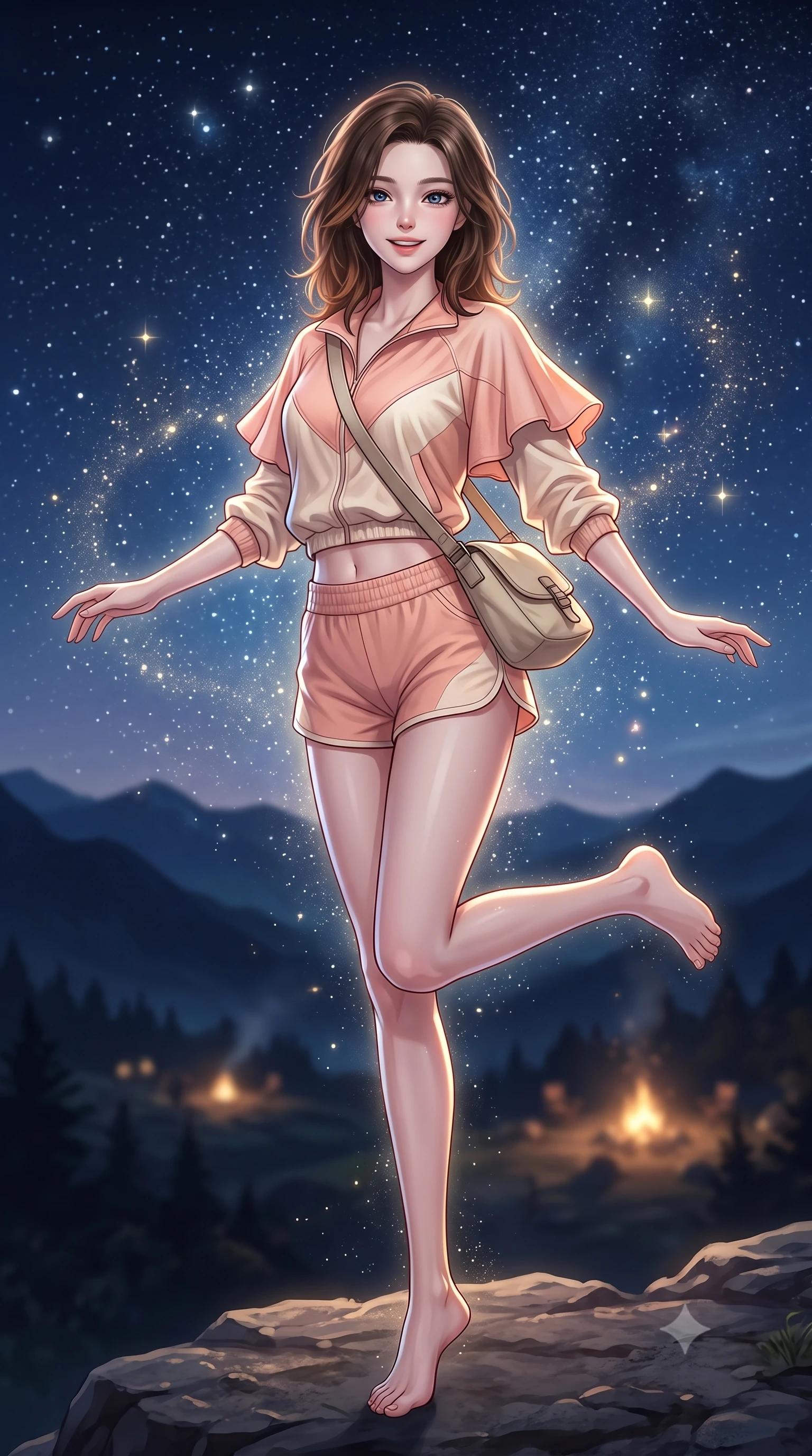 score_9, masterpiece, best quality, ultra-detailed, high-budget anime keyframe, semi-realistic 3D game render, editorial fashion photography, tasteful artistic composition, Korean woman. low angle full-body shot from head to toe showing her feet, filling the entire 9:16 vertical frame with her statuesque presence, stretching her vertical silhouette. standing poised on one leg with a playful hop and joyful expression, her long legs and slender figure highlighted against the landscape while standing poised against a majestic starlit night sky with arms gently outstretched in peaceful wonder. The composition keeps background elements in soft focus with creamy bokeh. dark mountain silhouettes and distant campsite campfires softened in smooth nocturnal depth of field. She has an absolutely perfect, statuesque 8.5-heads proportion, an exceptionally tall and slender model-like female figure with impossibly long slender legs, a toned flat midriff, and an ultra-slim waist. sharp v-shaped jawline, high-bridge nose, intricate jewel-like eyes with depth, thick eyelashes, glossy lips with a natural sheen, pure and lovely fresh girlhood expression, flawlessly proportioned anatomical accuracy, strict slender model proportions, natural body alignment, perfectly sculpted long slender limbs, ultra-slim waistline, clean dynamic posture without body distortion. wearing a cute sporty pastel windbreaker paired with high-waisted active shorts and a canvas crossbody bag in warm peach blossom pink and champagne ivory, tailored from soft pastel lightweight wool blend with subtle texture, featuring elegant flutter sleeves and a graceful open collar, the body-hugging lightweight knit clinging delicately to her slender torso, accentuating her graceful neck and feminine lines. surrounded by a magical, romantic, and breathtakingly wondrous starlit maiden aura. highly saturated vibrant anime colors, detailed shading with soft gradients, rich glossy textures, high-contrast stereoscopic depth, volumetric dynamic lighting, master piece, 9:16 ratio