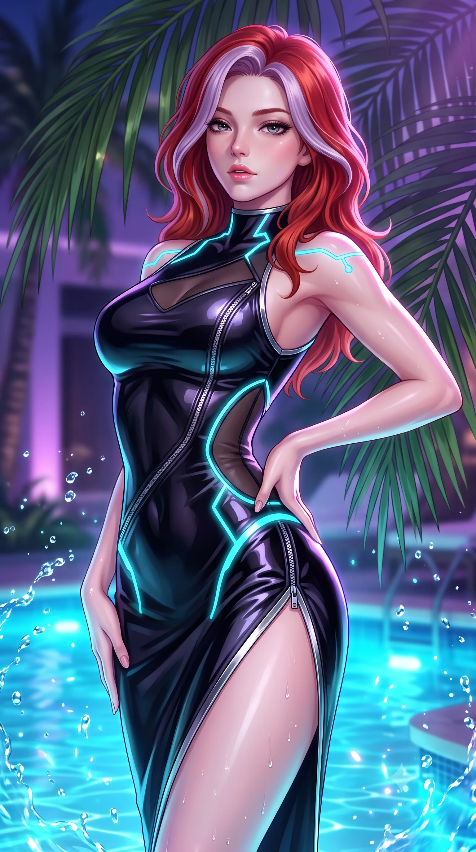 score_9, masterpiece, best quality, ultra-detailed, high-budget anime keyframe, semi-realistic 3D game render, editorial fashion photography, tasteful artistic composition, Caucasian woman. close-up cowboy shot from the waist and thighs up, the character dominates the composition, filling the frame with her large presence. arching her spine backward with effortless dancer poise, one hand sliding along her hip line as directional light carves specular highlights along her silhouette while posing beside towering poolside palm fronds, hips dramatically thrust to one side with hands running along her waist in pure allure. The composition keeps background elements in soft focus with creamy bokeh. splashing water droplets and underwater LED light rays scattering shimmering neon light motes. She has an exceptionally elegant, slender, and willowy female figure with an ultra-slim waist, a gracefully sculpted slender torso, toned flat midriff, and rounded feminine hips creating an alluring hourglass silhouette. sharp v-shaped jawline, high-bridge nose, intricate jewel-like eyes with depth, thick eyelashes, glossy parted lips with a natural sheen, intensely captivating and seductive bedroom-eyes expression, flawlessly proportioned anatomical accuracy, strict slender model proportions, natural body alignment, perfectly sculpted long slender limbs, ultra-slim waistline, clean dynamic posture without body distortion. wearing a form-contouring vinyl track dress with diagonal zipper detailing and an ultra-high side slit in pitch-black vinyl and specular chrome trim, made of stretchy athletic knit with sheer mesh cutout inserts, accented with glowing cyan LED circuit lines tracing her hip bones and collarbones, the precision-cut side openings and low-back scoop framing her graceful spine and the sensual sweep of her hips. bathed in glowing underwater cyan LED illumination and ambient violet neon cabana downlights. highly saturated vibrant anime colors, detailed shading with soft gradients, rich glossy textures, high-contrast stereoscopic depth, volumetric dynamic lighting, master piece, 9:16 ratio