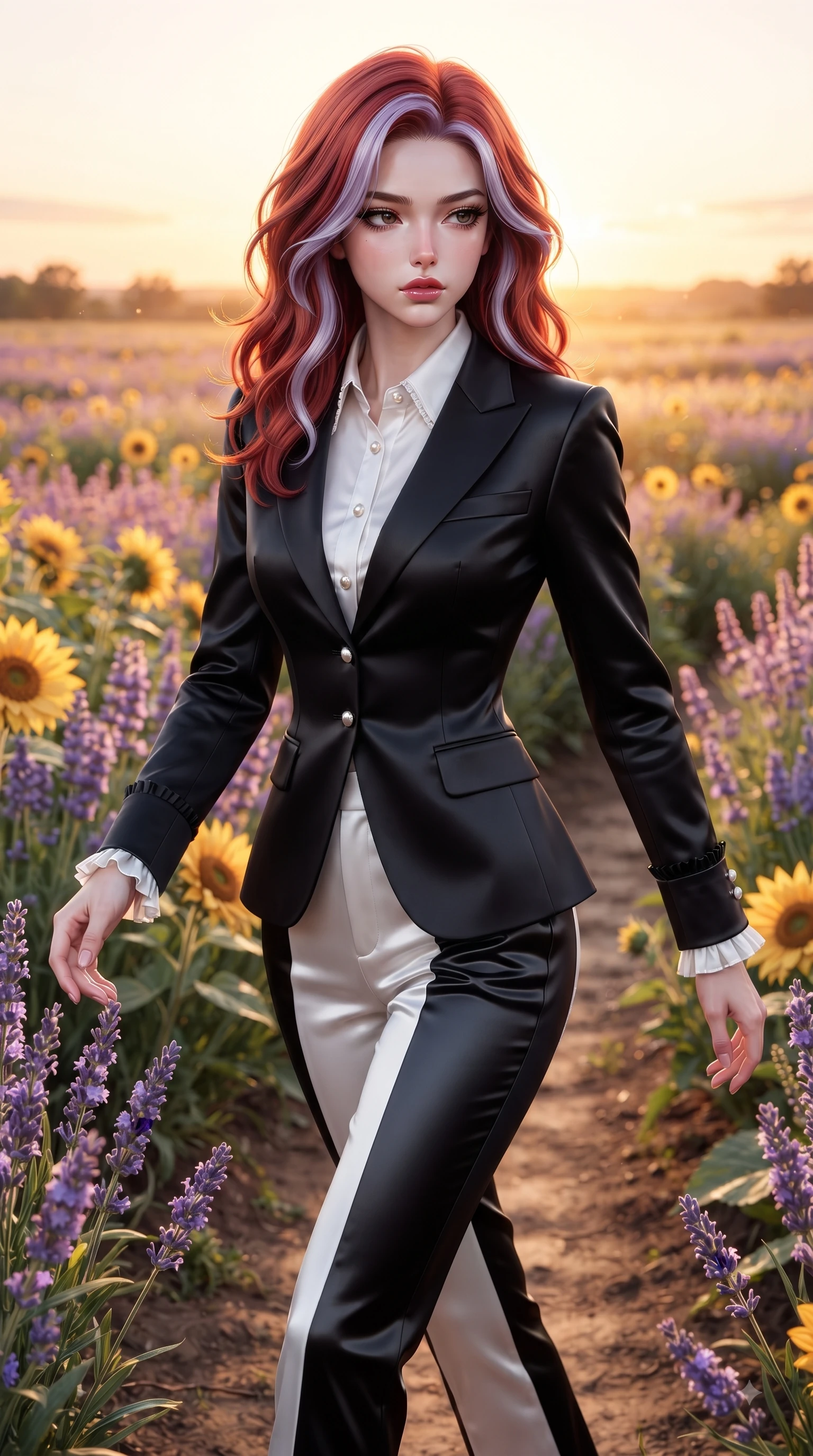 score_9, masterpiece, best quality, ultra-detailed, high-budget anime keyframe, editorial fashion photography, tasteful artistic composition, Caucasian woman. close-up cowboy shot from the waist and thighs up, the character dominates the composition, filling the frame with her large presence. Indifferent cold glance casting a disdainful side-eye from beneath long dark eyelashes with aloof confidence while stepping along a dirt path flanked by vibrant blossoms with an ethereal editorial grace. The surrounding environment is rendered in vivid detail and crisp panoramic clarity. detailed lavender blossom spikes, golden sunflower petals, and rustic pathway dirt in crisp resolution. She has an exceptionally elegant, slender, and willowy female figure with an ultra-slim waist, a gracefully sculpted slender torso, and a refined silhouette. sharp v-shaped jawline, high-bridge nose, intricate jewel-like eyes with depth, thick eyelashes, glossy lips with a natural sheen, flawlessly proportioned anatomical accuracy, natural body alignment, perfectly sculpted elegant limbs, clean dynamic posture without body distortion. wearing a sleek jet black tailored blazer over a crisp white button-down and trousers in monochrome white and glossy black contrast, crafted from smooth liquid silk satin, accented with delicate pearl buttons and refined ruffle trims, the tailored fit highlighting her statuesque and model-like silhouette. bathed in ethereal twilight glow and warm golden sunset horizon light. ultra-reflective glossy finish, specular highlights, metallic sheen, high-contrast stereoscopic depth, volumetric dynamic lighting, 2k, ultra detail, master piece, 9:16 ratio