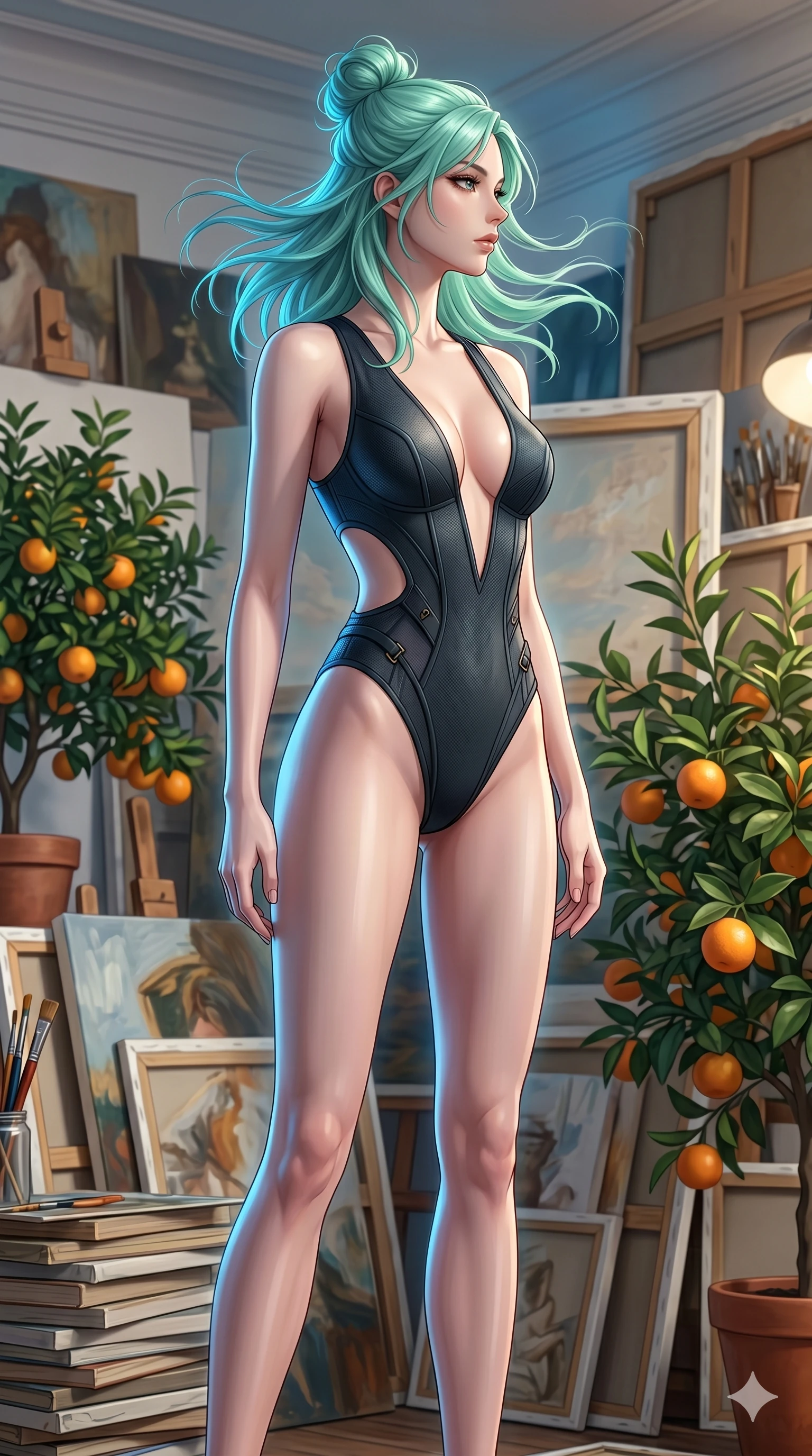 score_9, masterpiece, best quality, ultra-detailed, high-budget anime keyframe, editorial fashion photography, tasteful artistic composition, Japanese woman. cowboy shot from the thighs up, character and outfit filling the frame for maximum editorial presence. standing tall, her face turned in profile to catch the wind inside an art studio filled with oil canvases and potted orange trees (Code-P18-125). She has an absolutely perfect 8-heads proportion, an exceptionally tall and slender female figure with impossibly long slender legs and an ultra-slim waist. V-shaped jawline, high-bridge nose, intricate jewel-like eyes with depth, thick eyelashes, glossy lips with a natural sheen. wearing a skin-tight leotard with plunging neck and side cutouts. bright cinematic volumetric lighting with a cool blue rim light tracing her contours. 2k, ultra detail, master piece, 9:16 ratio