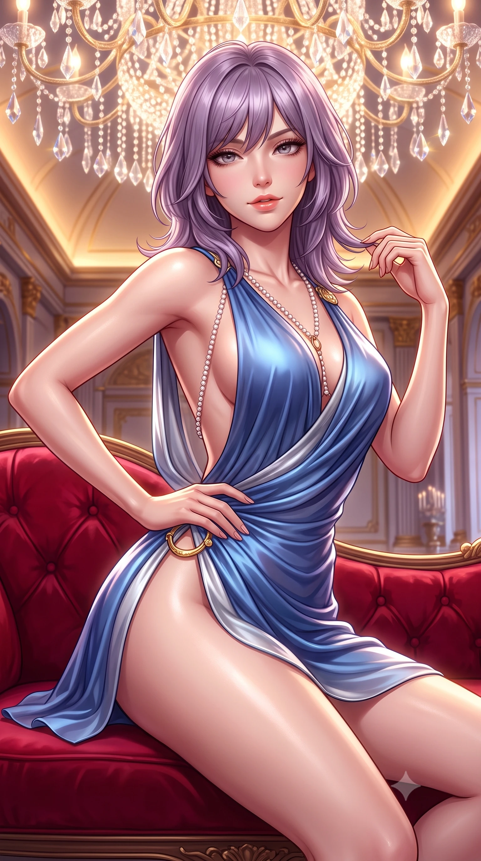 score_9, masterpiece, best quality, ultra-detailed, high-budget anime keyframe, semi-realistic 3D game render, editorial fashion photography, tasteful artistic composition, Japanese woman. close-up cowboy shot from the waist and thighs up, the character dominates the composition, filling the frame with her large presence. twisting her slender torso in an alluring contrapposto stance, one hand resting on her sculpted hip while her fingers toy with her hair with effortless poise while lounging gracefully on the crimson velvet settee propped on one elbow, her statuesque 8.5-heads silhouette commanding the imperial palace. The surrounding environment is rendered in vivid detail and crisp panoramic clarity: detailed plunging cowl-neck liquid metallic gown drape, dangling emerald earring shine, and historic palace architecture in high resolution. She has an exceptionally elegant, slender, and willowy female figure with an ultra-slim waist, flat toned midriff, narrow ribcage, and sculpted feminine hips creating an alluring, slim hourglass silhouette without bulk. sharp v-shaped jawline, high-bridge nose, sparkling eyes with hypnotic seductive depth, thick curled eyelashes, glossy parted lips with a natural dewy peach sheen, alluring bedroom-eyes with an enchanting coquettish smile, exuding magnetic siren charisma and sophisticated glamour, flawlessly proportioned anatomical accuracy, strict slender model proportions, natural body alignment, perfectly sculpted long slender limbs, ultra-slim waistline, clean dynamic posture without body distortion. wearing a draped Greek-goddess style silk chiffon mini toga dress with an open back and golden hip fibula in Monte Carlo sapphire and liquid platinum, crafted from fluid liquid silk satin that clings smoothly to every curve with a dewy sheen, accented with a pearl-drop body harness subtly framing her dewy collarbones and spine, the form-contouring silhouette accentuating her sculpted flat midriff, narrow delicate ribcage, and gracefully curvy hips with intoxicating allure. bathed in the dazzling multi-directional brilliance of thousands of crystal chandelier prisms combined with warm cove uplights. highly saturated vibrant anime colors, detailed shading with soft gradients, rich glossy textures, high-contrast stereoscopic depth, volumetric dynamic lighting, master piece, 9:16 ratio