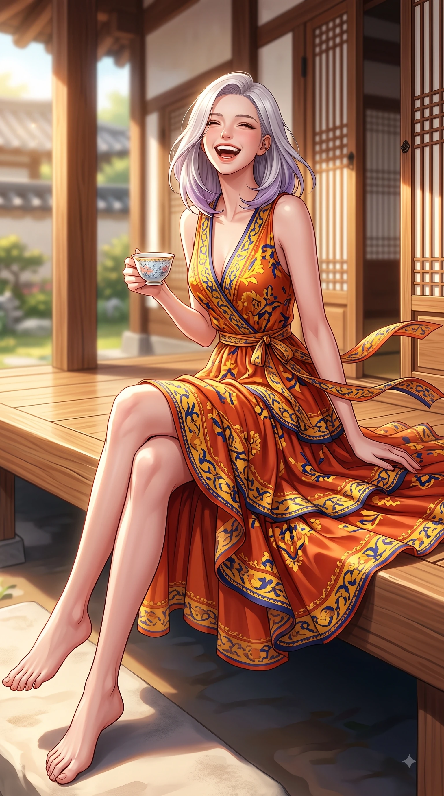 score_9, masterpiece, best quality, ultra-detailed, high-budget anime keyframe, editorial fashion photography, tasteful artistic composition, Caucasian woman. low angle full-body shot from head to toe showing her feet, filling the entire 9:16 vertical frame with her statuesque presence, stretching her vertical silhouette. Beaming joyful energy with a infectious laughter that brightens the entire composition while sitting on a polished wooden Hanok veranda holding a delicate porcelain tea cup. The composition keeps background elements in soft focus with dreamy bokeh. sun-drenched paper doors and wooden Hanok pillars softened by warm shallow focus. She has an absolutely perfect, statuesque 8.5-heads proportion, an exceptionally tall and slender model-like female figure with impossibly long slender legs and an ultra-slim waist. sharp v-shaped jawline, high-bridge nose, intricate jewel-like eyes with depth, thick eyelashes, glossy lips with a natural sheen, flawlessly proportioned anatomical accuracy, natural body alignment, perfectly sculpted elegant limbs, clean dynamic posture without body distortion. wearing a vibrant burnt orange chiffon tiered dress fluttering dynamically in the breeze in sunflower yellow and royal navy blue, crafted from smooth liquid silk satin, accented with a delicate side waist sash creating fluid lines, the chic fashion cut framing her graceful clavicle and slender torso. surrounded by a serene, elegant, and heritage fashion editorial aura. highly saturated vibrant anime colors, detailed shading with soft gradients, rich glossy textures, high-contrast stereoscopic depth, volumetric dynamic lighting, master piece, 9:16 ratio