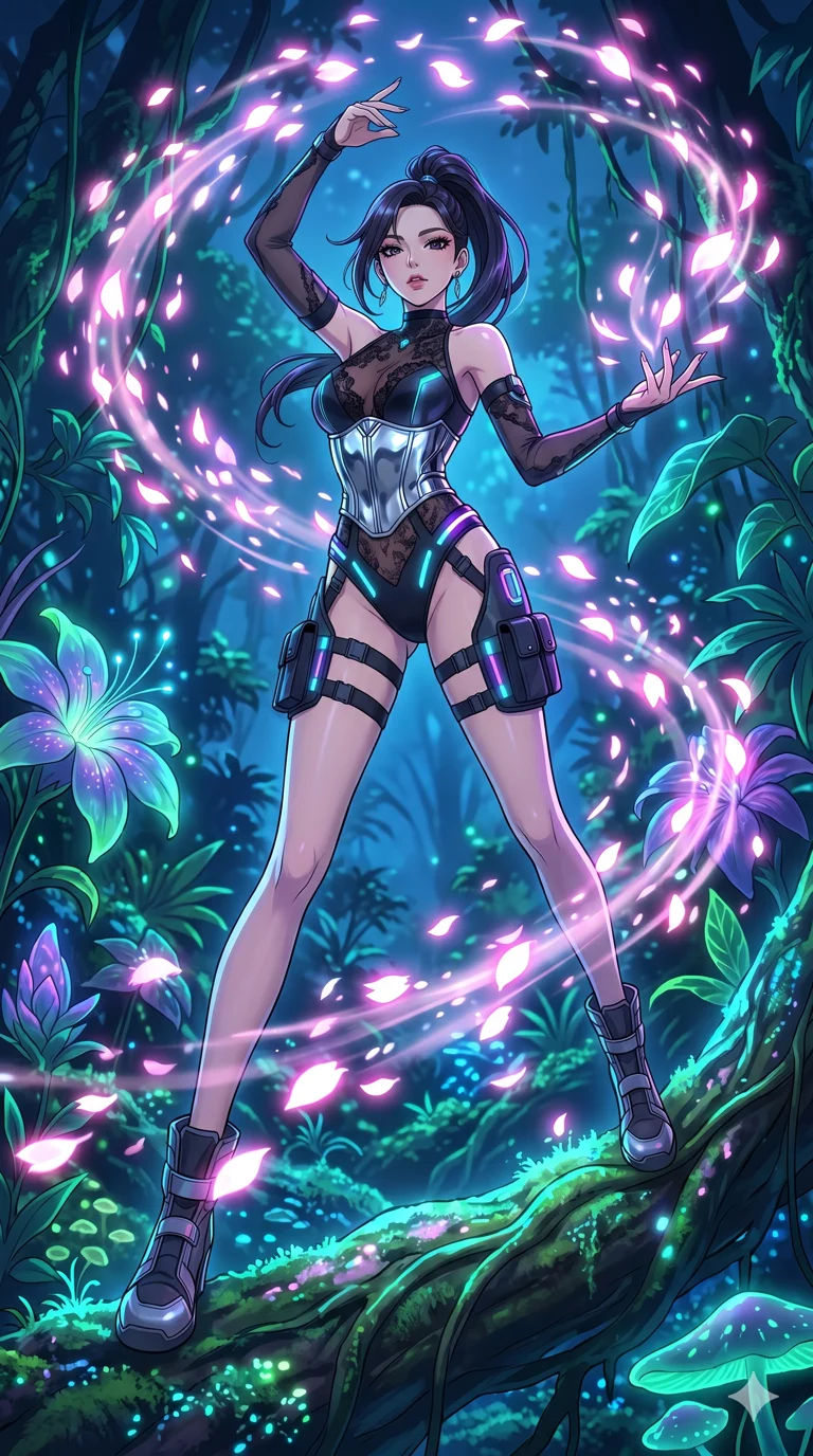 score_9, masterpiece, best quality, ultra-detailed, High-budget Anime Keyframe, vibrant colors, fluid line-art, expressive lighting, cinematic composition, Ufotable-style visual effects, top-tier animation quality, Korean woman with idol-like refined features. Dynamic full-body shot stretching the vertical silhouette, capturing her from a powerful low-angle perspective. Summoning a flurry of glowing petals that swirl in a rhythmic dance. She has an absolutely perfect 8-heads proportion, an exceptionally tall and slender female figure with impossibly long slender legs and an ultra-slim waist, her statuesque height and towering silhouette dominating the vertical 9:16 frame. Her face is a masterpiece featuring a sharp v-shaped jawline, high-bridge nose, intricate jewel-like eyes with depth, thick eyelashes, and glossy lips with a natural sheen. She is wearing a Asymmetrical high-cut tech-bodysuit with detached sleeves, chrome-plated corset over sheer lace, and neon-lit tactical gear with suggestive cutouts.. The scene is set in a bioluminescent jungle where every leaf and flower glows with a unique frequency. 2k, ultra detail, master piece, 9:16 ratio
