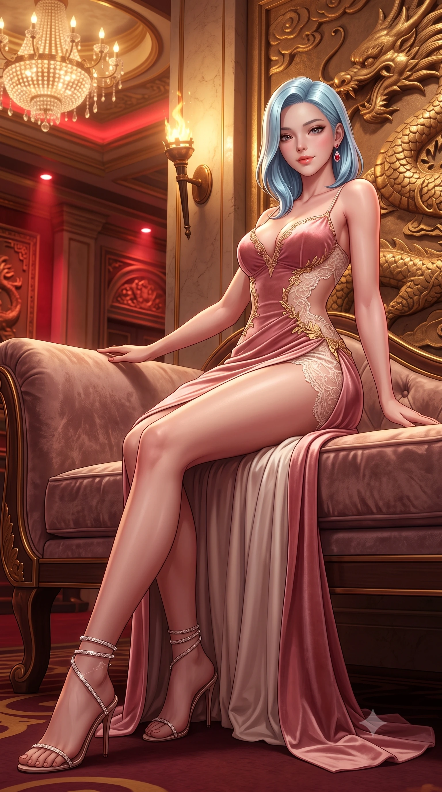 score_9, masterpiece, best quality, ultra-detailed, high-budget anime keyframe, semi-realistic 3D game render, editorial fashion photography, tasteful artistic composition, Korean woman. low angle full-body shot from head to toe showing her feet, filling the entire 9:16 vertical frame with her statuesque presence, stretching her vertical silhouette. reclining gracefully across the plush chaise lounge with one leg extended, her sculpted silhouette and flat midriff radiating magnetic nocturnal glamour while twisting her slender torso in an alluring contrapposto stance beside the relief-carved golden dragon wall, torches illuminating her hourglass curves. The surrounding environment is rendered in vivid detail and crisp panoramic clarity: detailed strappy velvet bustier texture, ruby earring gleam, and imperial casino interior craftsmanship in razor-sharp precision. She has an absolutely perfect, statuesque 8.5-heads proportion, an exceptionally tall and slender model-like female figure with impossibly long slender legs, an ultra-slim waist, a flat toned midriff, narrow delicate ribcage, and beautifully sculpted feminine hips creating a graceful, slim hourglass silhouette without any bulky heaviness. sharp v-shaped jawline, high-bridge nose, sparkling eyes with hypnotic seductive depth, thick curled eyelashes, glossy parted lips with a natural dewy peach sheen, alluring bedroom-eyes with an enchanting coquettish smile, exuding magnetic siren charisma and sophisticated glamour, flawlessly proportioned anatomical accuracy, strict slender model proportions, natural body alignment, perfectly sculpted long slender limbs, ultra-slim waistline, clean dynamic posture without body distortion. wearing a deep sweetheart-neckline velvet bodycon dress with sheer side-torso cutouts accentuating her hourglass curves in delicate blush peony pink and antique white lace with gold leaf, made of delicate semi-sheer French Chantilly lace with intricate eyelash edges, complemented by strappy stiletto sandals with crystal ankle wraps accentuating her slender calves, the high-slit wrap tailoring accentuating her ultra-slim waistline and the enchanting curve of her feminine hips with alluring seductive charm. bathed in warm 2700K incandescent crystal chandelier radiance mixed with red accent spotlights. highly saturated vibrant anime colors, detailed shading with soft gradients, rich glossy textures, high-contrast stereoscopic depth, volumetric dynamic lighting, master piece, 9:16 ratio