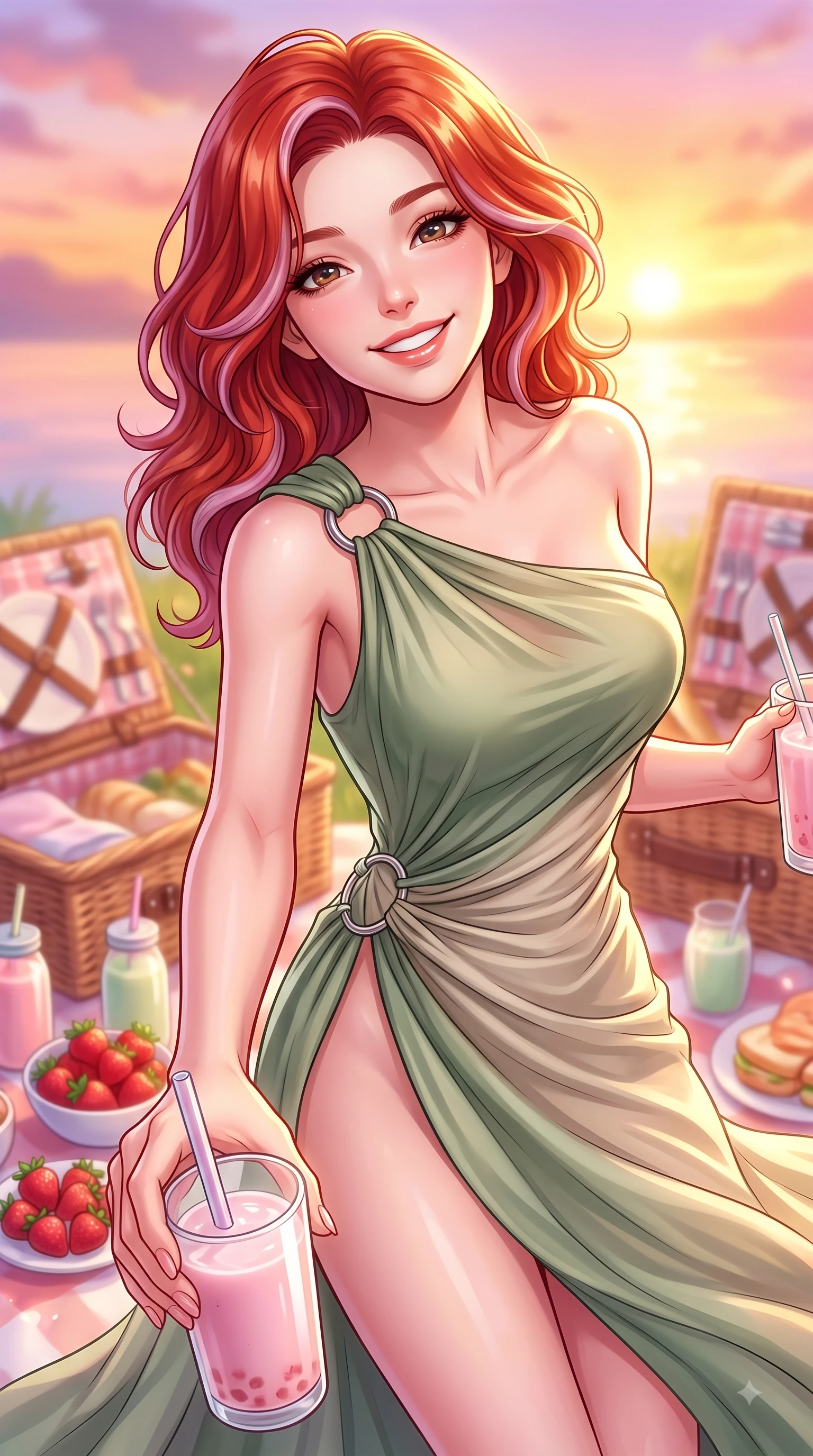 score_9, masterpiece, best quality, ultra-detailed, high-budget anime keyframe, editorial fashion photography, tasteful artistic composition, Caucasian woman. close-up cowboy shot from the waist and thighs up, the character dominates the composition, filling the frame with her large presence, background elements kept in soft focus. Tilting her chin up with a sweet beaming smile of pure delight while balancing dynamically amidst the scene while reaching one hand out toward the camera with a joyful cute grin, holding a straw drink, picnic baskets, fresh strawberries, and pastel drinks adding a sweet girlhood charm. She has an exceptionally elegant, slender, and willowy female figure with an ultra-slim waist, a gracefully sculpted slender torso, and a refined silhouette. sharp v-shaped jawline, high-bridge nose, intricate jewel-like eyes with depth, thick eyelashes, glossy lips with a natural sheen, flawlessly proportioned anatomical accuracy, natural body alignment, perfectly sculpted elegant limbs, clean dynamic posture without body distortion. wearing an asymmetrical Grecian draped chiffon gown with a metallic shoulder ring in sage green and oatmeal, crafted from smooth liquid silk, accented with delicate chrome ring hardware framing her waist, the sleek second-skin texture accentuating her magnetic presence. illuminated by soft glowing sunset reflections with cheerful golden rim lights. highly saturated vibrant anime colors, detailed shading with soft gradients, rich glossy textures, high-contrast stereoscopic depth, volumetric dynamic lighting, master piece, 9:16 ratio