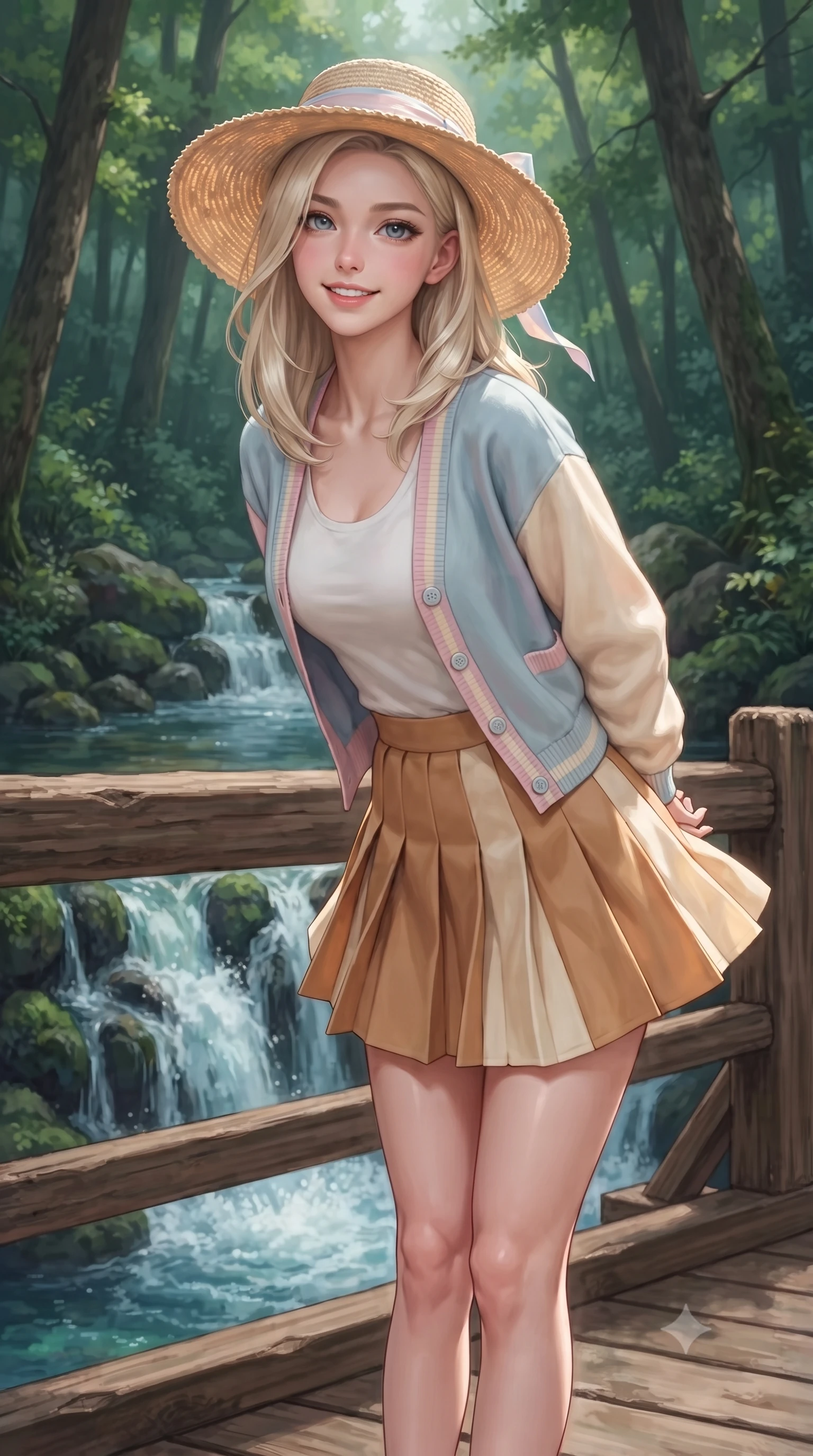 score_9, masterpiece, best quality, ultra-detailed, high-budget anime keyframe, editorial fashion photography, tasteful artistic composition, Caucasian woman. close-up cowboy shot from the waist and thighs up, the character dominates the composition, filling the frame with her large presence. clasping her hands behind her back and leaning forward playfully with a sweet, innocent girlhood expression while standing poised on a rustic cedar footbridge spanning a crystal-clear cascading waterfall with a delighted smile. The surrounding environment is rendered in vivid detail and crisp panoramic clarity. deep woodland chiaroscuro and magical natural water sanctuary aesthetics rendered with precision. She has an exceptionally elegant, slender, and willowy female figure with an ultra-slim waist, a gracefully sculpted slender torso, toned flat midriff, and a refined slim silhouette. sharp v-shaped jawline, high-bridge nose, intricate jewel-like eyes with depth, thick eyelashes, glossy lips with a natural sheen, pure and lovely fresh girlhood expression, flawlessly proportioned anatomical accuracy, strict slender model proportions, natural body alignment, perfectly sculpted long slender limbs, ultra-slim waistline, clean dynamic posture without body distortion. wearing a chic pastel varsity cardigan over a simple white scoop-neck tee and a pleated mini skirt in warm caramel and cream vanilla, crafted from soft breathable linen that flutters gently in the breeze, paired with a wide-brim woven straw hat tied with a pastel ribbon, the chic real-way fashion cut emphasizing her effortless charm, flat midriff, and slender model proportions. illuminated by soft emerald forest bounce light accentuating her natural beauty and lovely outfit. ultra-reflective glossy finish, specular highlights, rich natural textures, high-contrast stereoscopic depth, volumetric dynamic lighting, 2k, ultra detail, master piece, 9:16 ratio