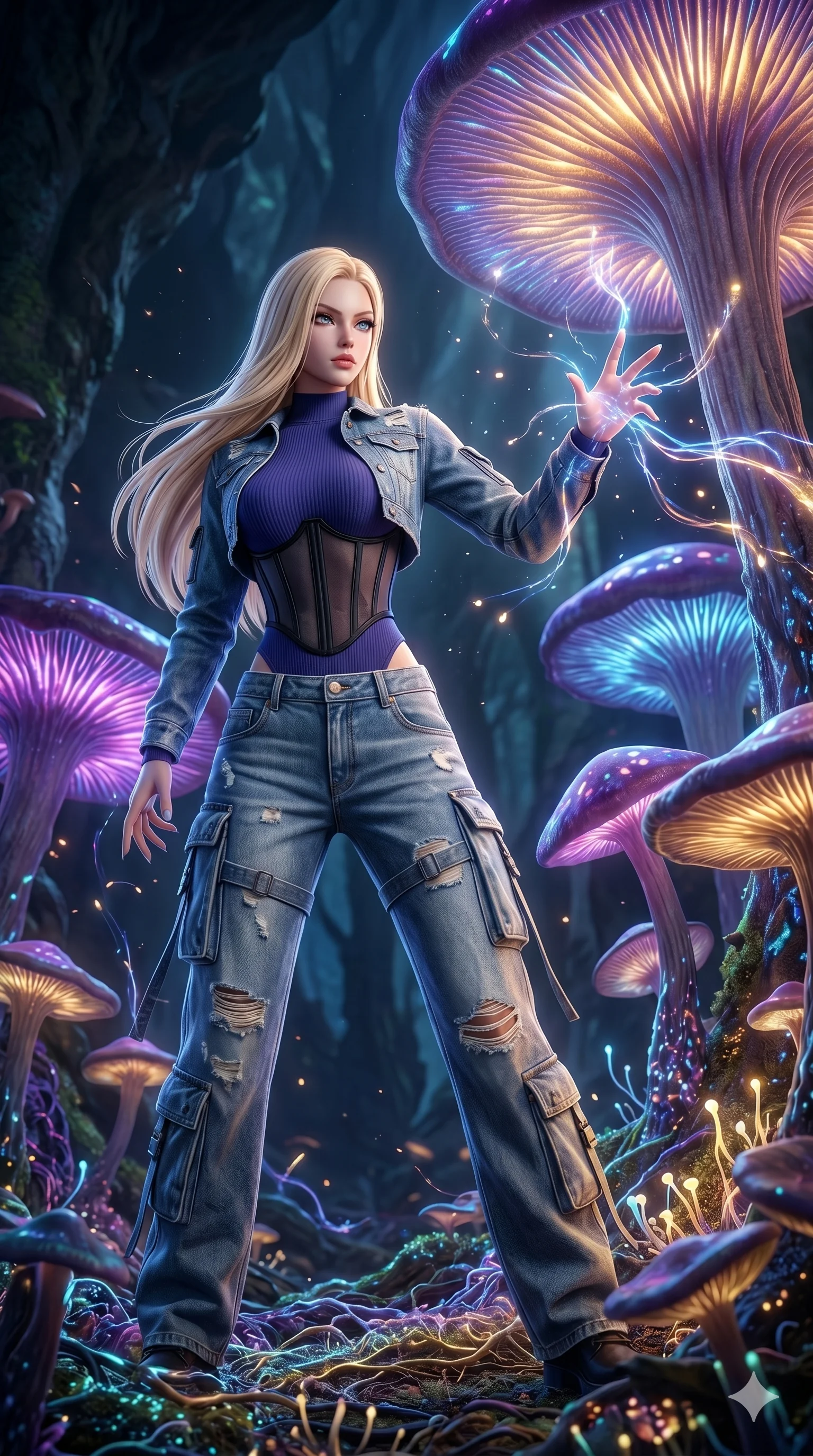 score_9, masterpiece, best quality, ultra-detailed, semi-realistic 3D game render, high-fidelity textures, Unreal Engine 5 style, Korean woman. Low angle cowboy shot capturing a powerful motion and statuesque presence. manipulating the growth of giant mushrooms that pulse with light. She has an absolutely perfect 8-heads proportion, an exceptionally tall and slender female figure with an ultra-slim waist and impossibly long slender legs. strictly human anatomy, two legs only, no extra limbs, clearly defined legs and arms, perfect anatomy, perfect hands and fingers. sharp v-shaped jawline, high-bridge nose, intricate jewel-like eyes, thick eyelashes, glossy lips. Wearing Urban Trendsetter: Ribbed bodycon dress, crop top with high-waist denim, and sheer corset with cargo pants. The scene is illuminated by dramatic atmospheric lighting and vibrant color palettes. , 2k, ultra detail, master piece, 9:16 ratio