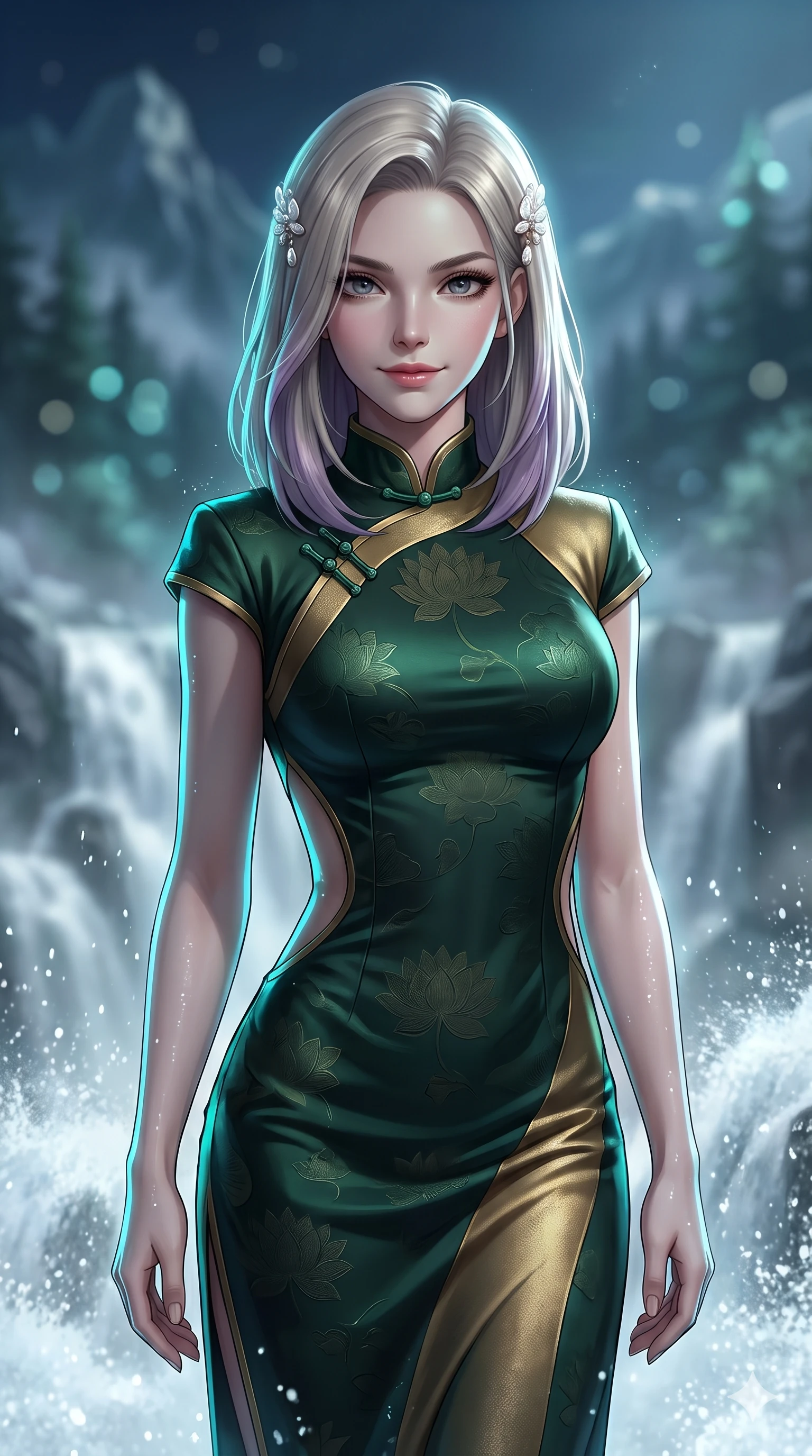 score_9, masterpiece, best quality, ultra-detailed, high-budget anime keyframe, semi-realistic 3D game render, editorial fashion photography, tasteful artistic composition, Caucasian woman. close-up cowboy shot from the waist and thighs up, the character dominates the composition, filling the frame with her large presence. smiling with quiet, magnetic self-assurance directly into the camera, her sculpted waistline catching specular moonbeam highlights while twisting her slender torso in an alluring contrapposto stance, waterfall spray droplets and moonbeams glistening across her flat midriff. The background shows a soft-focus churning white waterfall cascades, misty granite gorges, and distant mountain pine peaks blurred into aquamarine, silver, and slate bokeh. She has an exceptionally elegant, slender, and willowy female figure with an ultra-slim waist, flat toned midriff, narrow ribcage, and sculpted feminine hips creating an alluring, slim hourglass silhouette without bulk. sharp v-shaped jawline, high-bridge nose, sparkling eyes with hypnotic seductive depth, thick curled eyelashes, glossy parted lips with a natural dewy peach sheen, alluring bedroom-eyes with an enchanting coquettish smile, exuding magnetic siren charisma and sophisticated glamour, flawlessly proportioned anatomical accuracy, strict slender model proportions, natural body alignment, perfectly sculpted long slender limbs, ultra-slim waistline, clean dynamic posture without body distortion. wearing a refined high-collar fusion qipao evening column gown with structured shoulders and modest jade toggle clasps in dark emerald forest and brushed antique gold, tailored from rich silk jacquard with subtle embossed lotus blossom patterns, finished with delicate mother-of-pearl hairpin ornaments glinting in her dark glossy hair, the impeccably tailored cut draping gracefully along her slender figure with aristocratic eastern poise. illuminated by waterfall foam bounce and sharp cyan-aquamarine rim lights sculpting her razor-sharp jawline, narrow waist, and curvy hips. highly saturated vibrant anime colors, detailed shading with soft gradients, rich glossy textures, high-contrast stereoscopic depth, volumetric dynamic lighting, master piece, 9:16 ratio