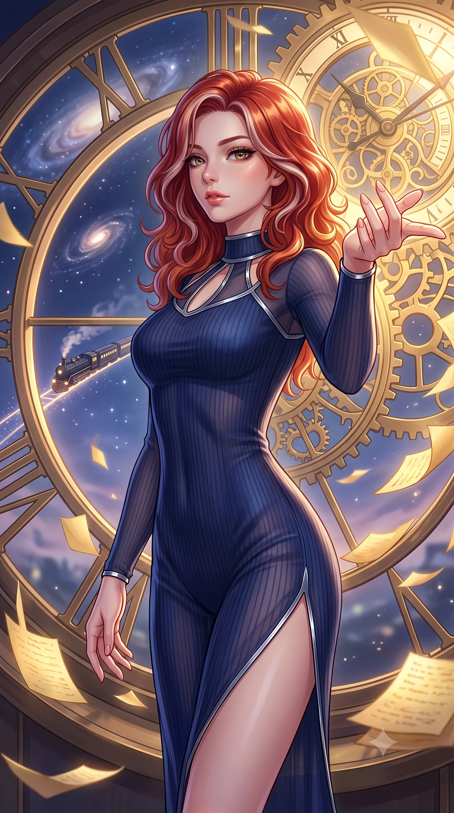 score_9, masterpiece, best quality, ultra-detailed, high-budget anime keyframe, editorial fashion photography, tasteful artistic composition, Caucasian woman. close-up cowboy shot from the waist and thighs up, the character dominates the composition, filling the frame with her large presence, background elements kept in soft focus. Reaching one hand gracefully toward the viewer with effortless superiority and allure gazing out a massive circular clock window at a twilight galaxy express train, golden paper pages fluttering gently around her in a magical breeze. She has an exceptionally elegant, slender, and willowy female figure with an ultra-slim waist, a gracefully sculpted slender torso, and a refined silhouette. sharp v-shaped jawline, high-bridge nose, intricate jewel-like eyes with depth, thick eyelashes, glossy lips with a natural sheen. wearing a form-fitting ribbed activewear set with collar cutouts in midnight navy blue and chrome trim, woven from fine semi-opaque sheer organza, finished with a sleek side slit ascending to mid-thigh, the elegant draped fit framing her graceful clavicle and slender torso. illuminated by a brilliant golden hour glow filtering through clockwork dials. highly saturated vibrant anime colors, detailed shading with soft gradients, rich glossy textures, high-contrast stereoscopic depth, volumetric dynamic lighting, master piece, 9:16 ratio