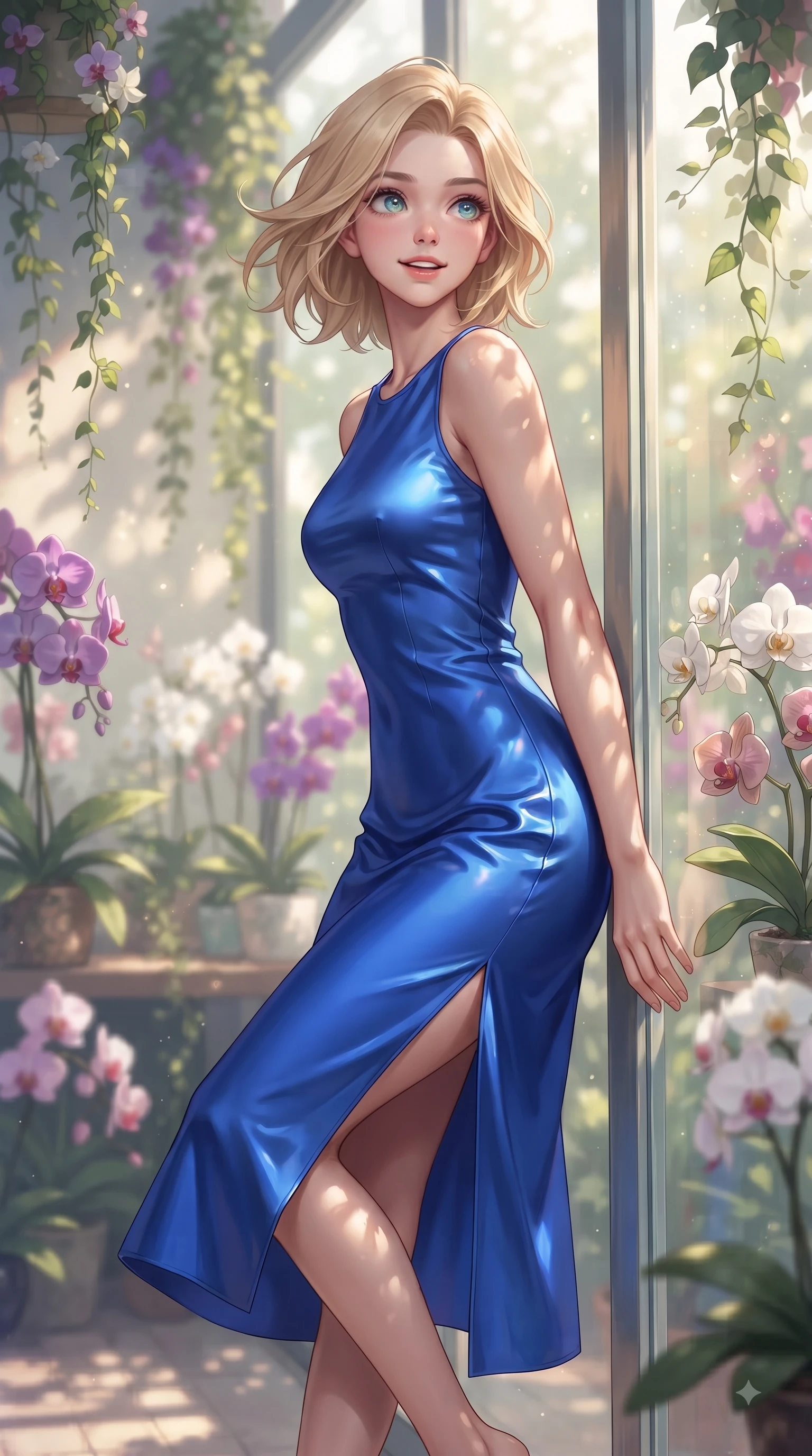 score_9, masterpiece, best quality, ultra-detailed, high-budget anime keyframe, editorial fashion photography, tasteful artistic composition, Caucasian woman. close-up cowboy shot from the waist and thighs up, the character dominates the composition, filling the frame with her large presence. Expectant hopeful expression with wide sparkling eyes and a soft eager smile as if waiting for a loved one while leaning against a sunlit glass wall surrounded by exotic orchids and cascading vines. The composition keeps background elements in soft focus with dreamy bokeh. cascading botanical vines creating a soft, organic blurred background depth. She has an exceptionally elegant, slender, and willowy female figure with an ultra-slim waist, a gracefully sculpted slender torso, and a refined silhouette. sharp v-shaped jawline, high-bridge nose, intricate jewel-like eyes with depth, thick eyelashes, glossy lips with a natural sheen, flawlessly proportioned anatomical accuracy, natural body alignment, perfectly sculpted elegant limbs, clean dynamic posture without body distortion. wearing a vivid sapphire blue satin midi dress following her statuesque figure in royal navy blue and pure ivory, tailored from crisp high-density cotton poplin, finished with a sleek side slit ascending to mid-thigh, the fluid drape swaying gracefully with her dynamic editorial movement. illuminated by fresh botanical ambient glow with organic leaf stencil shadows. ultra-reflective glossy finish, specular highlights, metallic sheen, high-contrast stereoscopic depth, volumetric dynamic lighting, 2k, ultra detail, master piece, 9:16 ratio