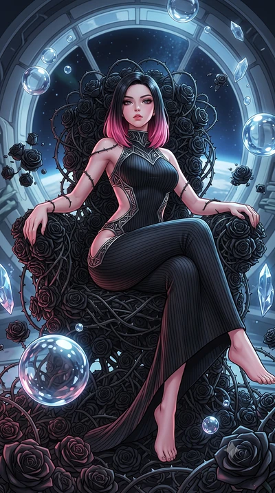 score_9, masterpiece, best quality, ultra-detailed, High-budget Anime Keyframe, East Asian woman. Low angle cowboy shot filling the entire 9:16 frame with her statuesque presence. Scenario 328: resting on a throne of black roses, thorns grazing her s