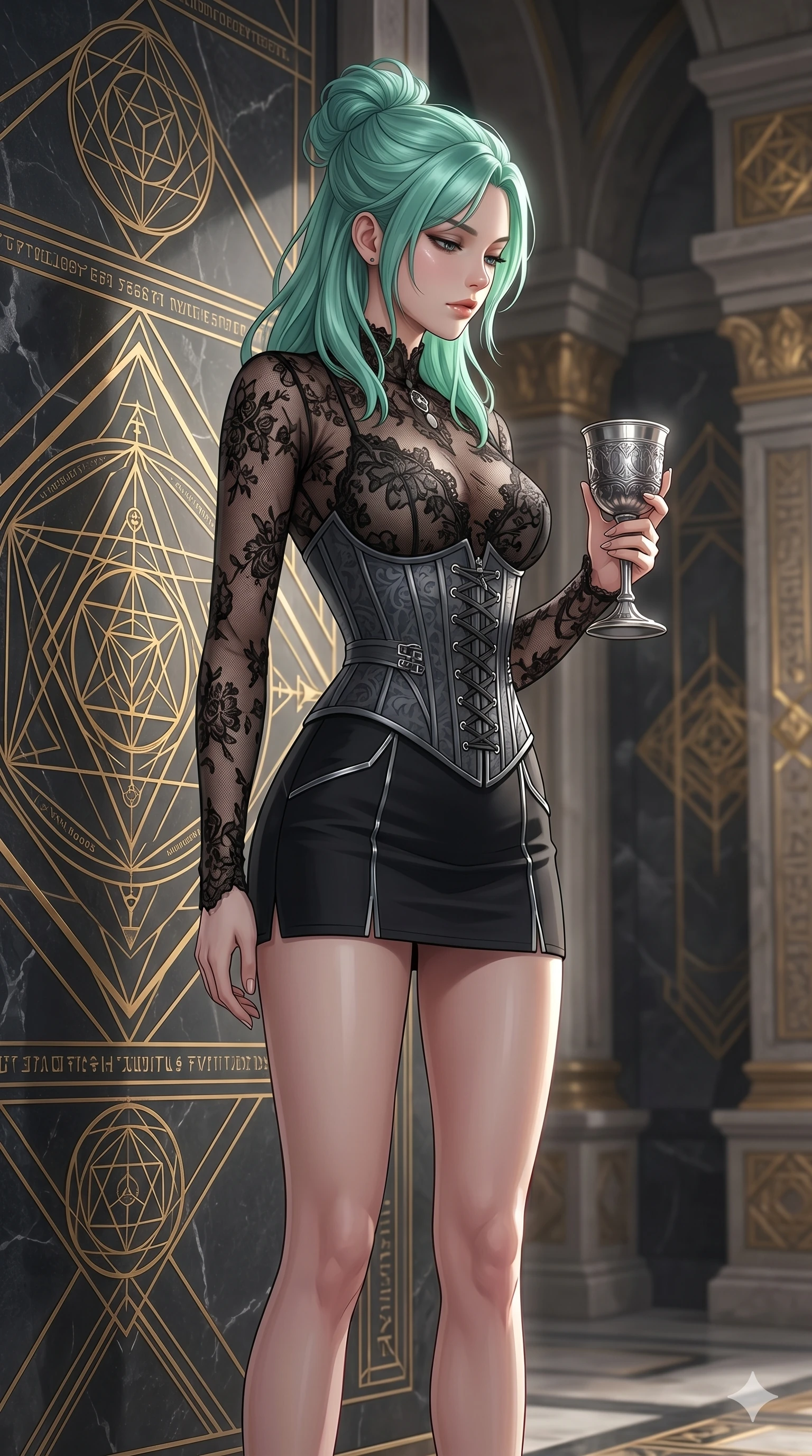 score_9, masterpiece, best quality, ultra-detailed, high-budget anime keyframe, editorial fashion photography, tasteful artistic composition, Japanese woman. cowboy shot from the thighs up, character and outfit filling the frame for maximum editorial presence. holding a silver chalice, looking down in a composed, powerful gesture inside a mathematical temple room with golden geometric patterns on the walls (Code-P18-141). She has an absolutely perfect 8-heads proportion, an exceptionally tall and slender female figure with impossibly long slender legs and an ultra-slim waist. V-shaped jawline, high-bridge nose, intricate jewel-like eyes with depth, thick eyelashes, glossy lips with a natural sheen. wearing a semi-opaque sheer lace top paired with a structured corset and micro-skirt. bright cinematic key light tracing the sleek contours of her athletic figure. 2k, ultra detail, master piece, 9:16 ratio