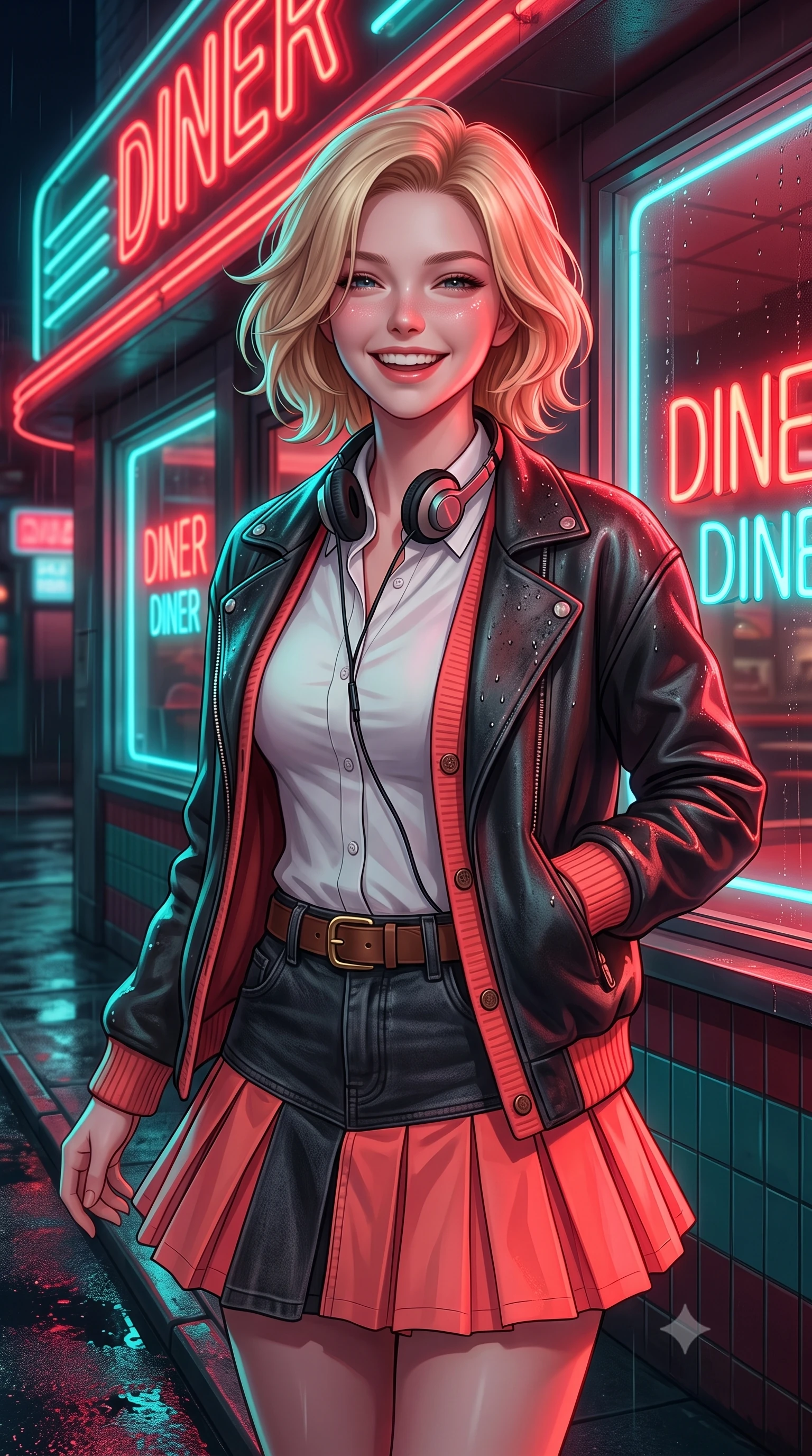 score_9, masterpiece, best quality, ultra-detailed, high-budget anime keyframe, semi-realistic 3D game render, editorial fashion photography, tasteful artistic composition, Caucasian woman. close-up cowboy shot from the waist and thighs up, the character dominates the composition, filling the frame with her large presence. laughing softly with genuine, enchanting warmth, eyes crinkling sweetly as specular highlights illuminate her cheeks while pivoting playfully outside a retro diner's glowing neon window, smiling with infectious nostalgic girlhood charm. The surrounding environment is rendered in vivid detail and crisp panoramic clarity. crisp neon tube lettering, distinct raindrop beads on leather jacket, and wet asphalt textures in deep focus. She has an exceptionally elegant, slender, and willowy female figure with an ultra-slim waist, a gracefully sculpted slender torso, toned flat midriff, and a refined slim silhouette. sharp v-shaped jawline, high-bridge nose, intricate jewel-like eyes with depth, thick eyelashes, glossy lips with a natural sheen, captivating and magnetic expression, flawlessly proportioned anatomical accuracy, strict slender model proportions, natural body alignment, perfectly sculpted long slender limbs, ultra-slim waistline, clean dynamic posture without body distortion. wearing a preppy 80s varsity cardigan sweater layered over a crisp collared button-down shirt and a tennis pleated skirt in retro neon coral and washed black denim, crafted from distressed supple genuine leather and soft ribbed cotton knit, accessorized with a classic leather belt with brass buckle and retro on-ear foam headphones, the form-contouring material adhering flawlessly to her sculpted flat midriff and slender torso, emphasizing her long leg lines and perfectly proportioned willowy build. bathed in rich neon red and cyan streetlamp glow bouncing off wet asphalt surfaces. highly saturated vibrant anime colors, detailed shading with soft gradients, rich glossy textures, high-contrast stereoscopic depth, volumetric dynamic lighting, master piece, 9:16 ratio