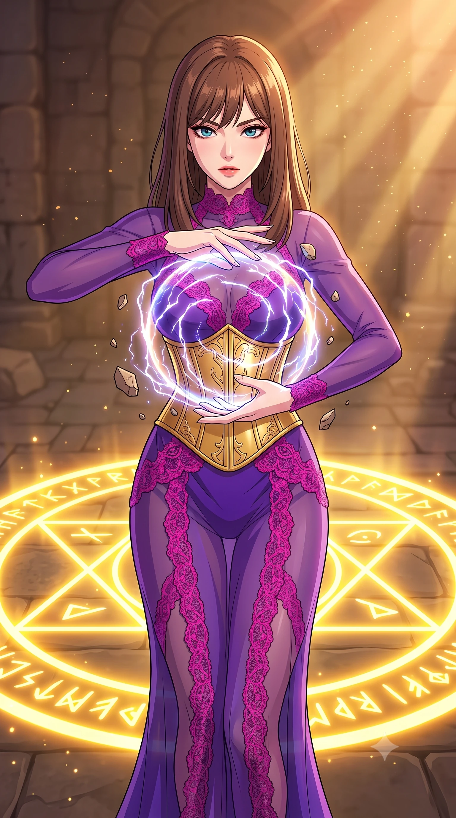 score_9, masterpiece, best quality, ultra-detailed, high-budget anime keyframe, clean line-art, cel-shading, Korean woman. close-up cowboy shot from the waist and thighs up, the character dominates the composition, filling the frame with her large presence, background elements kept in soft focus. Channelling a swirling orb of energy between her hands with an intense focused gaze. set against a soft-focus background of an ancient stone chamber where a massive runic seal on the floor glows with gold light, stone debris floating in the energy field. She has an exceptionally elegant and slender, willowy female figure with an ultra-slim waist, a gracefully sculpted slender torso, and a refined slim physique. sharp v-shaped jawline, high-bridge nose, intricate jewel-like eyes with depth, thick eyelashes, glossy lips with a natural sheen. wearing catching and diffusing the glowing particles, shimmering softly in response to the surrounding light, a slim-fit floor-length sheer gown in royal purple, featuring strategic fuchsia lace placement and a structured gold corset. golden hour sunlight streaming in warm shafts with floating dust particles catching the light. highly saturated vibrant anime colors, intense vivid color palette, volumetric dynamic lighting, 2k, ultra detail, master piece, 9:16 ratio
