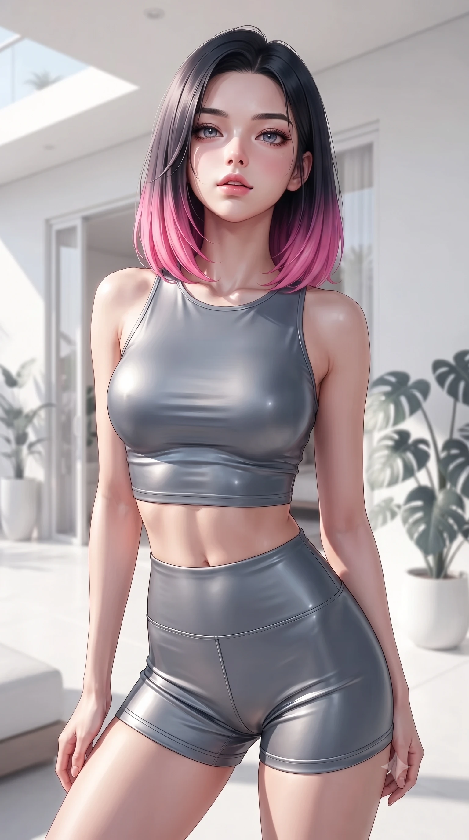 score_9, masterpiece, best quality, ultra-detailed, high-budget anime keyframe, editorial fashion photography, tasteful artistic composition, Korean woman woman. close-up cowboy shot from the waist and thighs up, the character dominates the composition, filling the frame with her large presence, background elements kept in soft focus. tilting her chin up slightly with lips parted in a composed, provocative expression the background shows a soft-focus a white-walled minimal villa suite with a private terrace and potted plants. She has an exceptionally elegant, slender, and willowy female figure with an ultra-slim waist, a gracefully sculpted slender torso, and a refined silhouette. sharp v-shaped jawline, high-bridge nose, intricate jewel-like eyes with depth, thick eyelashes, glossy lips with a natural sheen. wearing a tailored body-hugging athletic crop top and high-waisted shorts set in slate grey. bright morning sun rays creating fresh and energetic shadows. ultra-reflective glossy finish, specular highlights, metallic sheen, high-contrast stereoscopic depth, volumetric dynamic lighting, 2k, ultra detail, master piece, 9:16 ratio