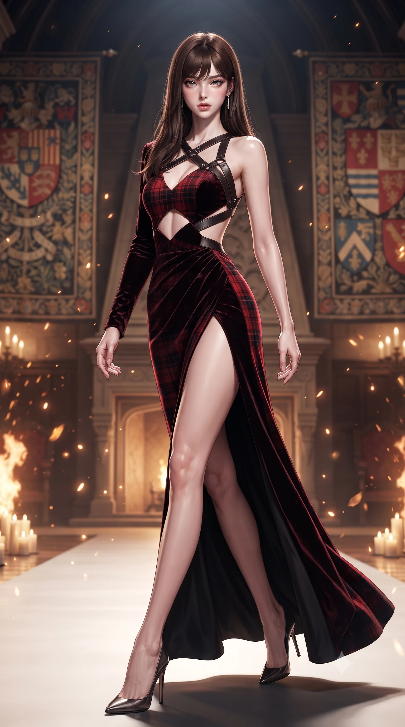 score_9, masterpiece, best quality, ultra-detailed, high-budget anime keyframe, editorial fashion photography, tasteful artistic composition, Korean woman. low angle full-body shot from head to toe showing her feet, filling the entire 9:16 vertical frame with her statuesque presence, stretching her vertical silhouette. striding forward in a proud supermodel runway stride, hips swaying in an alluring kinetic rhythm that accentuates her curvy hourglass silhouette while standing poised between towering medieval armorial tapestries, twisting her slender torso in a deep contrapposto stance with smoldering bedroom-eyes. The composition keeps background elements in soft focus with creamy bokeh. rising fireplace sparks and candle flame refractions scattering warm decadent amber light motes. She has an exceptionally tall and slender model-like 8.5-heads proportion, an ultra-slim waist, a flat toned midriff, narrow delicate ribcage, and beautifully sculpted feminine hips creating a graceful, slim hourglass silhouette without any bulky heaviness, with impossibly long slender legs. sharp v-shaped jawline, high-bridge nose, intricate jewel-like eyes with depth, thick eyelashes, glossy parted lips with a natural sheen, intensely captivating and seductive bedroom-eyes expression, flawlessly proportioned anatomical accuracy, strict slender model proportions, natural body alignment, perfectly sculpted long slender limbs, ultra-slim waistline, clean dynamic posture without body distortion. wearing a tailored tartan-wool and crushed-velvet corseted gala gown with an architectural open-waist cutout and high-cut thigh slit in phantom obsidian black and blood-red velvet, tailored from liquid silk jersey adhering flawlessly to her slender build, featuring an open-back criss-cross harness strap in dark leather, the liquid-tight tailored fabric clinging flawlessly to her narrow waist and rounded feminine hips, emphasizing every millimeter of her sculpted slim hourglass curves without any bulky heaviness. surrounded by an aristocratic, untamed, and dangerously captivating Scottish highland duchess aura. ultra-reflective glossy finish, specular highlights, rich textural contrasts, high-contrast stereoscopic depth, volumetric dynamic lighting, 2k, ultra detail, master piece, 9:16 ratio