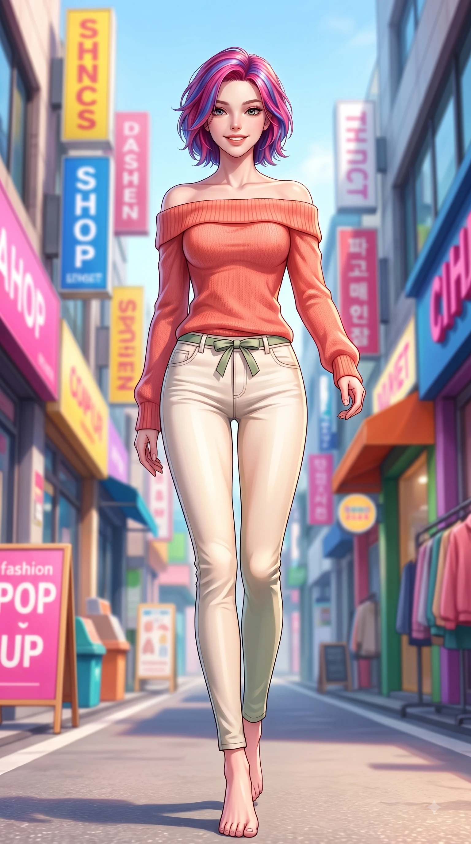 score_9, masterpiece, best quality, ultra-detailed, high-budget anime keyframe, editorial fashion photography, tasteful artistic composition, Caucasian woman. low angle full-body shot from head to toe showing her feet, filling the entire 9:16 vertical frame with her statuesque presence, stretching her vertical silhouette. pivoting dynamically with a fresh infectious smile, her ultra-slim waist creating a sweeping fluid curve while walking dynamically down a stylish Seongsu street lined with colorful fashion pop-up stores. The composition keeps background elements in soft focus with dreamy bokeh. colorful urban shop signs and trendy street pop-up stores blurred in creamy background bokeh. She has an absolutely perfect, statuesque 8.5-heads proportion, an exceptionally tall and slender model-like female figure with impossibly long slender legs and an ultra-slim waist. sharp v-shaped jawline, high-bridge nose, intricate jewel-like eyes with depth, thick eyelashes, glossy lips with a natural sheen, flawlessly proportioned anatomical accuracy, natural body alignment, perfectly sculpted elegant limbs, clean dynamic posture without body distortion. wearing a stylish off-shoulder coral knit top with slim-fit white stretch denim pants in warm apricot and sage green, knitted from soft cozy cashmere yarn, accented with a dainty waist ribbon bow, the relaxed yet flattering fit accentuating her naturally graceful and slender figure. surrounded by a trendy, youthful, and energetic fashion street aura. highly saturated vibrant anime colors, detailed shading with soft gradients, rich glossy textures, high-contrast stereoscopic depth, volumetric dynamic lighting, master piece, 9:16 ratio
