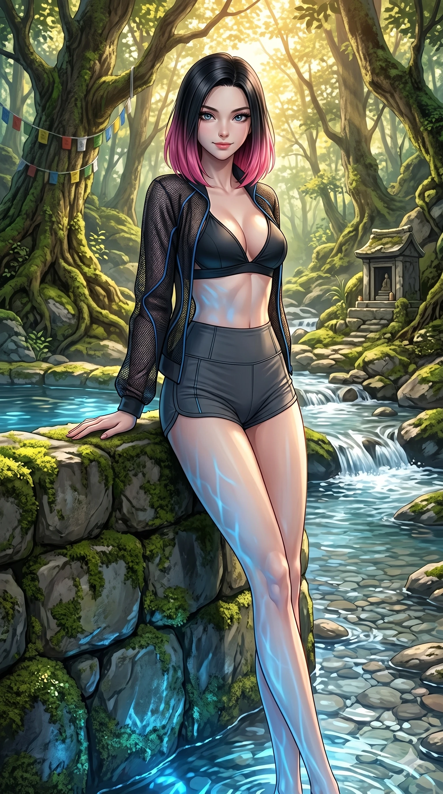 score_9, masterpiece, best quality, ultra-detailed, high-budget anime keyframe, editorial fashion photography, tasteful artistic composition, Korean woman. cowboy shot from the thighs up, character and outfit filling the frame for maximum editorial presence. leaning against the pool wall, looking at the viewer with a mysterious smile in a sacred forest path near a mountain stream under morning sun (Code-P19-070). She has an absolutely perfect 8-heads proportion, an exceptionally tall and slender female figure with impossibly long slender legs and an ultra-slim waist. V-shaped jawline, high-bridge nose, intricate jewel-like eyes with depth, thick eyelashes, glossy lips with a natural sheen. wearing a sporty bikini top with high-waist micro-shorts and a matching mesh jacket in heat-reflective athletic fiber. cool blue water light reflecting off her skin and matte outfit textures. 2k, ultra detail, master piece, 9:16 ratio