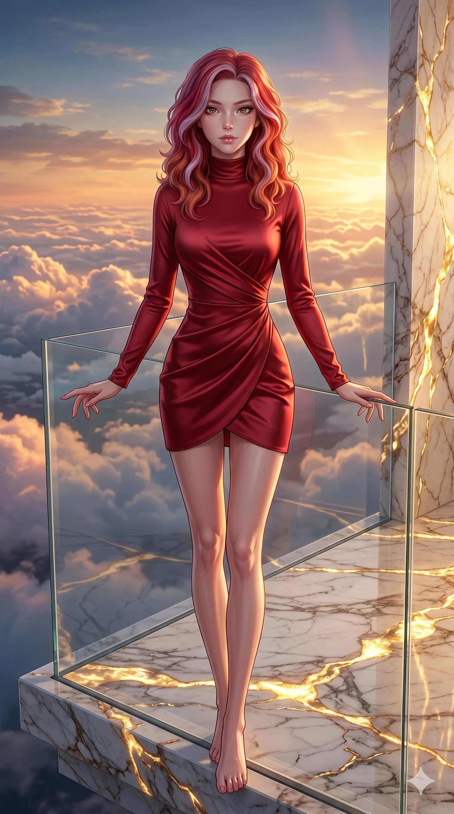 score_9, masterpiece, best quality, ultra-detailed, high-budget anime keyframe, editorial fashion photography, tasteful artistic composition, Caucasian woman, strictly human ears. cowboy shot from the thighs up, character and outfit filling the frame for maximum editorial presence. resting her hands on the glass, looking at the camera with an air of quiet self-assurance on a floating marble balcony above a sunset cloudscape (Code-P17-058). She has an absolutely perfect 8-heads proportion, an exceptionally tall and slender female figure with impossibly long slender legs and an ultra-slim waist. V-shaped jawline, high-bridge nose, intricate jewel-like eyes with depth, thick eyelashes, glossy lips with a natural sheen. wearing a long-sleeved high-neck wrap dress in deep red satin. golden light emanating from the mineral veins, creating a dramatic chiaroscuro effect. 2k, ultra detail, master piece, 9:16 ratio