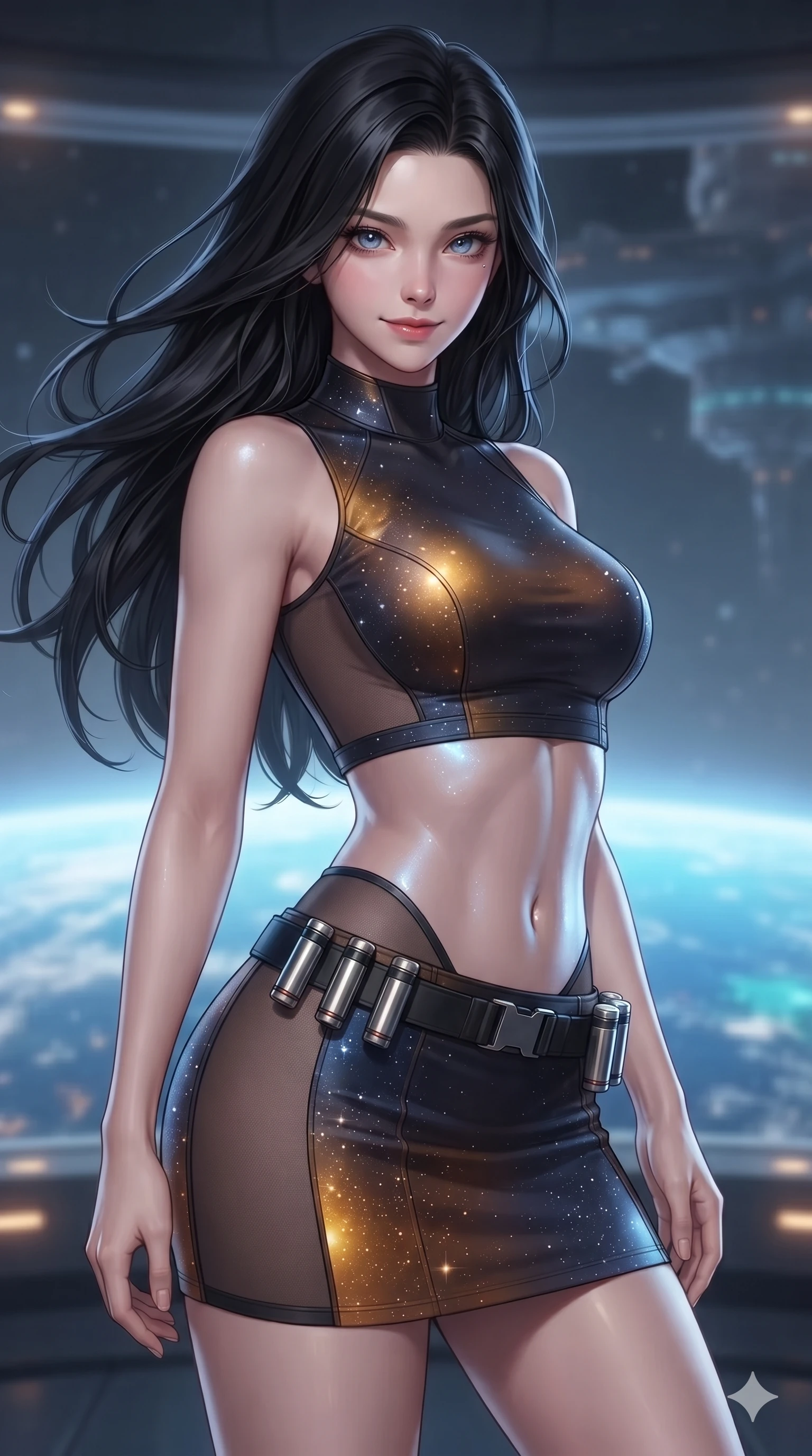 score_9, masterpiece, best quality, ultra-detailed, high-budget anime keyframe, editorial fashion photography, tasteful artistic composition, Korean woman. close-up cowboy shot from the waist and thighs up, the character dominates the composition, filling the frame with her large presence. turning slowly with an enchanting smoldering smile, her glossy hair tossing as her hips angle gracefully in a captivating contrapposto while twisting her slender torso in an alluring S-curve, brilliant blue earthlight and platinum ring reflections painting glowing highlights across her flat midriff and hourglass curves. The background shows a soft-focus orbital station ambient haze softened in high council balcony shallow focus. She has an exceptionally elegant, slender, and willowy female figure with an ultra-slim waist, flat toned midriff, narrow ribcage, and sculpted feminine hips creating an alluring, slim hourglass silhouette without bulk. sharp v-shaped jawline, high-bridge nose, intricate jewel-like sparkling eyes with depth, thick eyelashes, glossy parted lips with a natural sheen, bright confident smile with an enchanting and coquettish sensual glint, exuding both youthful magnetic charm and sovereign high-tech allure, flawlessly proportioned anatomical accuracy, strict slender model proportions, natural body alignment, perfectly sculpted long slender limbs, ultra-slim waistline, clean dynamic posture without body distortion. wearing a body-hugging modern carbon-alloy crop top paired with a low-rise tactical skirt and a subtle waist cut-out in cosmic eclipse amber and starlight diamond, featuring strategic sheer-illusion tulle side panels framing her ribcage and hips, accented with a sleek utility belt with polished magnetic canisters resting loosely on her curvy hips, the impeccably tailored cut draping gracefully along her slender figure with aristocratic poise. bathed in the glorious, unpolluted sapphire and turquoise radiance of the illuminated planet below mixed with subtle warm balcony accent lights. ultra-reflective glossy finish, specular highlights, rich textural contrasts, high-contrast stereoscopic depth, volumetric dynamic lighting, 2k, ultra detail, master piece, 9:16 ratio