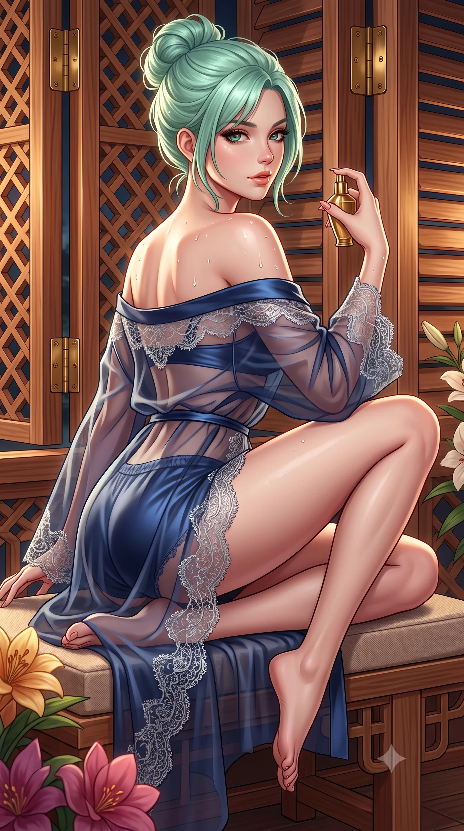 score_9, masterpiece, best quality, ultra-detailed, high-budget anime keyframe, semi-realistic 3D game render, editorial fashion photography, tasteful artistic composition, Japanese woman. close-up cowboy shot from the waist and thighs up, the character dominates the composition, filling the frame with her large presence. perched sideways on the lounge seat, one knee drawn up to showcase her slender leg line while her arched back accentuates her feminine hip curve while sitting poised on the low cushioned cedar bench with legs crossed, holding a brass perfume vial with dangerous coquettish allure. The surrounding environment is rendered in vivid detail and crisp panoramic clarity: sharp intricate interlocking joinery of cedar mashrabiya lattice, polished brass shutter hinges, and fragrant flower petal textures in deep focus. She has an exceptionally elegant, slender, and willowy female figure with an ultra-slim waist, flat toned midriff, narrow ribcage, and sculpted feminine hips creating an alluring, slim hourglass silhouette without bulk. sharp v-shaped jawline, high-bridge nose, sparkling eyes with hypnotic seductive depth, thick curled eyelashes, glossy parted lips with a natural dewy peach sheen, alluring bedroom-eyes with an enchanting coquettish smile, exuding magnetic siren charisma and sophisticated glamour, flawlessly proportioned anatomical accuracy, strict slender model proportions, natural body alignment, perfectly sculpted long slender limbs, ultra-slim waistline, clean dynamic posture without body distortion. wearing a sheer silk organza modern caftan robe worn loose and slipping off bare shoulders over a matching satin bralette and micro-shorts in deep sapphire navy and molten silver, made of delicate semi-sheer French Chantilly lace with intricate eyelash edges, finished with glistening drops of lagoon or spa water beading across her sculpted shoulders and collarbones, the form-contouring silhouette accentuating her sculpted flat midriff, narrow delicate ribcage, and gracefully curvy hips with intoxicating allure. illuminated by warm interior lantern bounce and sharp silver-gold rim lights defining her razor-sharp jawline, narrow waist, and curvy hips. highly saturated vibrant anime colors, detailed shading with soft gradients, rich glossy textures, high-contrast stereoscopic depth, volumetric dynamic lighting, master piece, 9:16 ratio