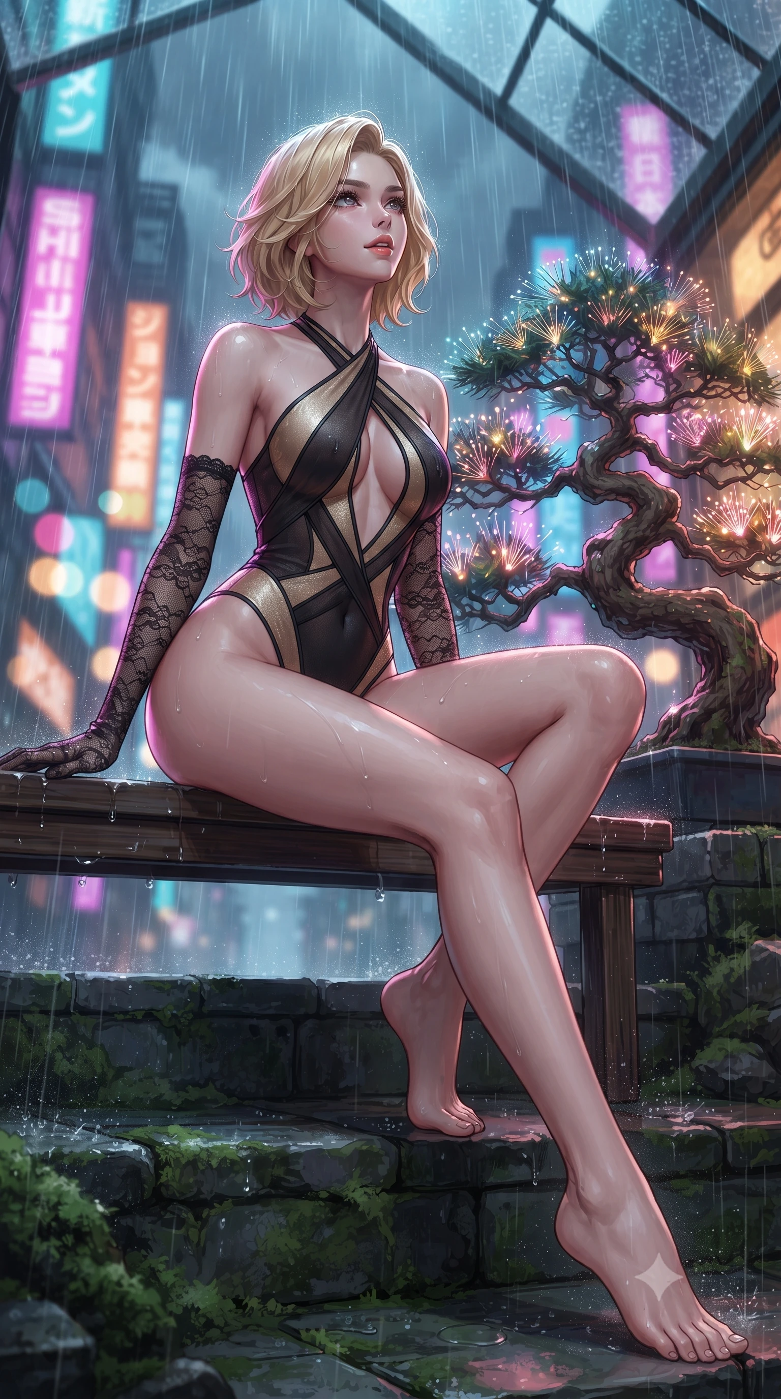 score_9, masterpiece, best quality, ultra-detailed, high-budget anime keyframe, editorial fashion photography, tasteful artistic composition, Caucasian woman. low angle full-body shot from head to toe showing her feet, filling the entire 9:16 vertical frame with her statuesque presence, stretching her vertical silhouette. sitting poised on the stone steps with one knee bent, arching her spine with supermodel elegance as she glances upward through thick eyelashes while standing poised beside a multi-century-old gnarled pine bonsai with glowing fiber-optic needles, arching her back with neo-geisha allure. The background shows a soft-focus heavy cascading rain on pitched greenhouse glass, towering Shinjuku neon signs, and glowing fiber-optic bonsai needles blurred into magenta, amber, and cyan bokeh. She has an absolutely perfect, statuesque 8.5-heads proportion, an exceptionally tall and slender model-like female figure with impossibly long slender legs, an ultra-slim waist, a flat toned midriff, narrow delicate ribcage, and beautifully sculpted feminine hips creating a graceful, slim hourglass silhouette without any bulky heaviness. sharp v-shaped jawline, high-bridge nose, sparkling eyes with hypnotic seductive depth, thick curled eyelashes, glossy parted lips with a natural dewy peach sheen, alluring bedroom-eyes with an enchanting coquettish smile, exuding magnetic siren charisma and sophisticated glamour, flawlessly proportioned anatomical accuracy, strict slender model proportions, natural body alignment, perfectly sculpted long slender limbs, ultra-slim waistline, clean dynamic posture without body distortion. wearing a criss-cross halterneck keyhole bodysuit with open back and sculpted waist darts in midnight obsidian black and liquid champagne gold, made of semi-opaque stretch illusion mesh with soft shadowy contours, complemented by sheer opera-length lace evening gloves tracing her slender arms, the liquid-tight tailored fabric clinging flawlessly to her narrow waist and rounded feminine hips, emphasizing every millimeter of her sculpted slim hourglass curves without any bulky heaviness. illuminated by wet wooden bench reflections and sharp electric-magenta rim lights sculpting her jawline, flat midriff, and curvy hips. ultra-reflective glossy finish, specular highlights, rich textural contrasts, high-contrast stereoscopic depth, volumetric dynamic lighting, 2k, ultra detail, master piece, 9:16 ratio