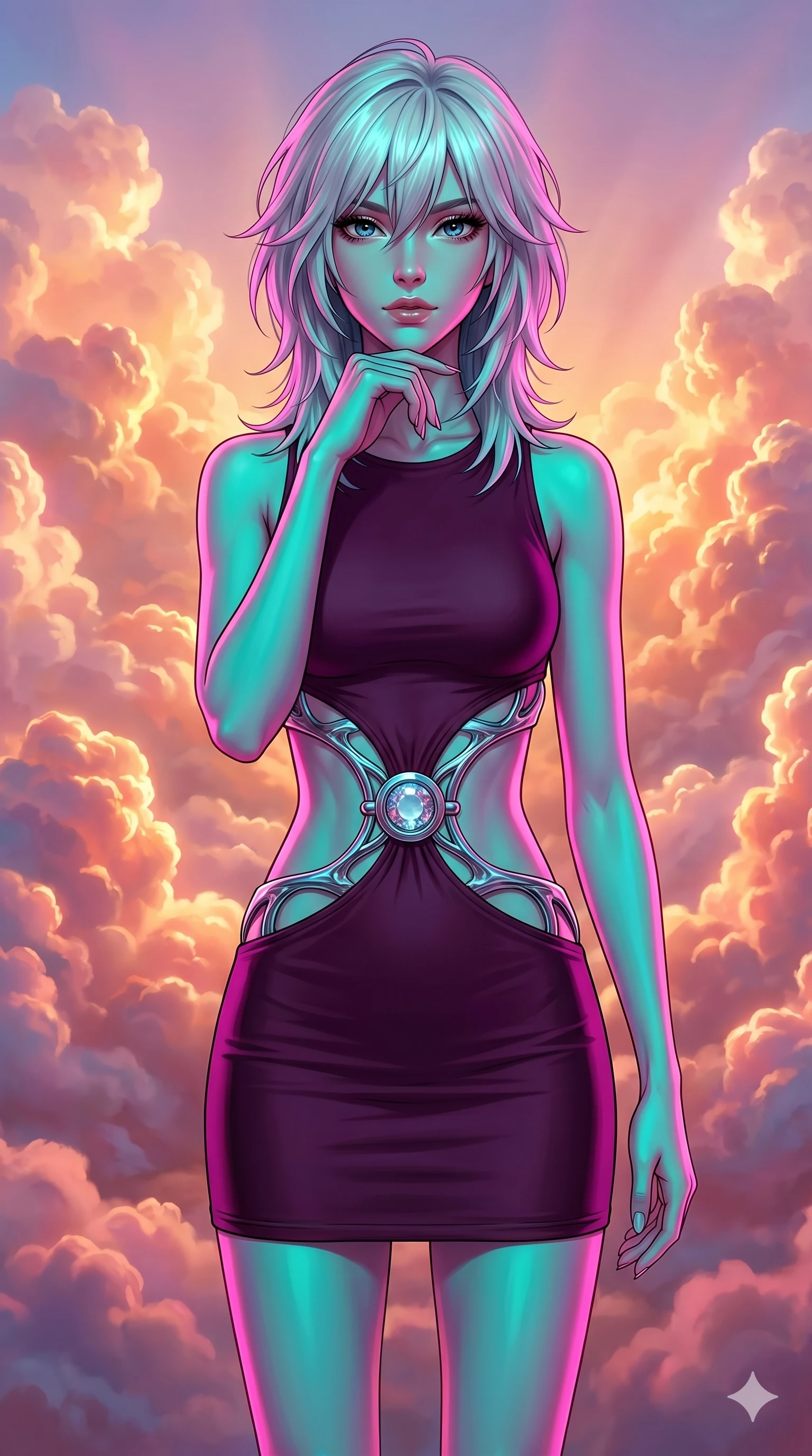 score_9, masterpiece, best quality, ultra-detailed, high-budget anime keyframe, editorial fashion photography, tasteful artistic composition, Japanese woman. cowboy shot from the thighs up, character and outfit filling the frame for maximum editorial presence. Resting her chin on the backs of her fingers in a confident pose inside a luminous cloud palace where cumulus formations glow with amber and rose from within. She has an absolutely perfect 8-heads proportion, an exceptionally tall and slender female figure with impossibly long slender legs and an ultra-slim waist. V-shaped jawline, high-bridge nose, intricate jewel-like eyes with depth, thick eyelashes, glossy lips with a natural sheen. wearing a deep plum precision bodycon mini dress with a dramatic architectural open-waist cutout framed by sculptural chrome hardware, the fitted fabric emphasizing her ultra-slim waist above and below. under intense neon teal and magenta split-lighting creating vivid chromatic contrast on her figure. 2k, ultra detail, master piece, 9:16 ratio