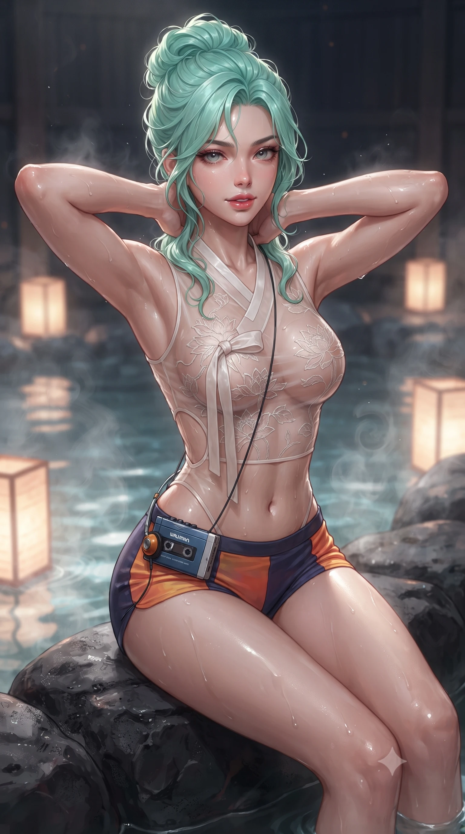 score_9, masterpiece, best quality, ultra-detailed, high-budget anime keyframe, editorial fashion photography, tasteful artistic composition, Japanese woman. close-up cowboy shot from the waist and thighs up, the character dominates the composition, filling the frame with her large presence. resting both hands lightly behind her neck with elbows raised, arching her spine to highlight her narrow waist, flat midriff, and breathtaking collarbones while sitting on the smooth volcanic rock rim of the steaming bath, arching her spine with breathtaking wet-look siren grace. The background shows a soft-focus submerged lantern glows softened in tranquil private bathhouse shallow focus. She has an exceptionally elegant, slender, and willowy female figure with an ultra-slim waist, flat toned midriff, narrow ribcage, and sculpted feminine hips creating an alluring, slim hourglass silhouette without bulk. sharp v-shaped jawline, high-bridge nose, sparkling eyes with hypnotic seductive depth, thick curled eyelashes, glossy parted lips with a natural dewy peach sheen, alluring bedroom-eyes with an enchanting coquettish smile, exuding magnetic siren charisma and sophisticated glamour, flawlessly proportioned anatomical accuracy, strict slender model proportions, natural body alignment, perfectly sculpted long slender limbs, ultra-slim waistline, clean dynamic posture without body distortion. wearing a form-contouring sheer organza hanbok bodice with delicate lotus embroidery paired with low-rise silk hot-pants in sunset tangerine orange and deep navy indigo, made of semi-opaque stretch illusion mesh with soft shadowy contours, complemented by a retro cassette walkman with vintage foam-padded orange headphones, the precision-cut side openings and low-back scoop framing her graceful spine and the sensual sweep of her slim, toned hips. illuminated by hot spring water caustics and sharp platinum rim lights sculpting her razor-sharp jawline, narrow waist, and curvy hips. ultra-reflective glossy finish, specular highlights, rich textural contrasts, high-contrast stereoscopic depth, volumetric dynamic lighting, 2k, ultra detail, master piece, 9:16 ratio