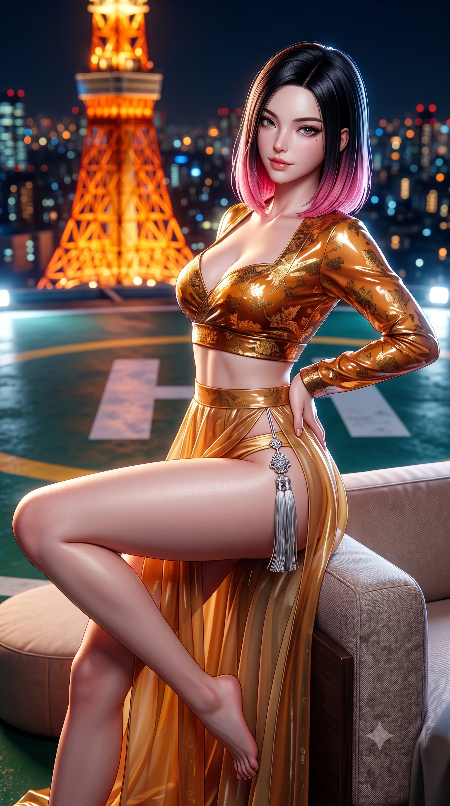 score_9, masterpiece, best quality, ultra-detailed, high-budget anime keyframe, semi-realistic 3D game render, editorial fashion photography, tasteful artistic composition, Korean woman. close-up cowboy shot from the waist and thighs up, the character dominates the composition, filling the frame with her large presence. perched sideways on the lounge seat, one knee drawn up to showcase her slender leg line while her arched back accentuates her feminine hip curve while standing tall on the giant painted rooftop helipad with hips cocked back, arching her spine with effortless supermodel poise against the red tower. The background shows a soft-focus the iconic glowing orange lattice of Tokyo Tower and endless city lights blurred into vibrant tangerine, gold, and sapphire bokeh. She has an exceptionally elegant, slender, and willowy female figure with an ultra-slim waist, flat toned midriff, narrow ribcage, and sculpted feminine hips creating an alluring, slim hourglass silhouette without bulk. sharp v-shaped jawline, high-bridge nose, sparkling eyes with hypnotic seductive depth, thick curled eyelashes, glossy parted lips with a natural dewy peach sheen, alluring bedroom-eyes with an enchanting coquettish smile, exuding magnetic siren charisma and sophisticated glamour, flawlessly proportioned anatomical accuracy, strict slender model proportions, natural body alignment, perfectly sculpted long slender limbs, ultra-slim waistline, clean dynamic posture without body distortion. wearing a plunging sweetheart-neckline silk jeogori crop top paired with an ultra-high-slit translucent chima wrap skirt and satin briefs in warm amber honey and antique gold leaf, crafted from wet-look high-gloss vinyl fabric with dazzling specular surface reflections, accented with an intricate silver norigae tassel swaying gracefully along her curving hip line, the high-slit wrap tailoring accentuating her ultra-slim waistline and the enchanting curve of her feminine hips with alluring seductive charm. illuminated by helipad floodlight bounce and sharp platinum rim lights sculpting her jawline, flat midriff, and curvaceous hips. highly saturated vibrant anime colors, detailed shading with soft gradients, rich glossy textures, high-contrast stereoscopic depth, volumetric dynamic lighting, master piece, 9:16 ratio