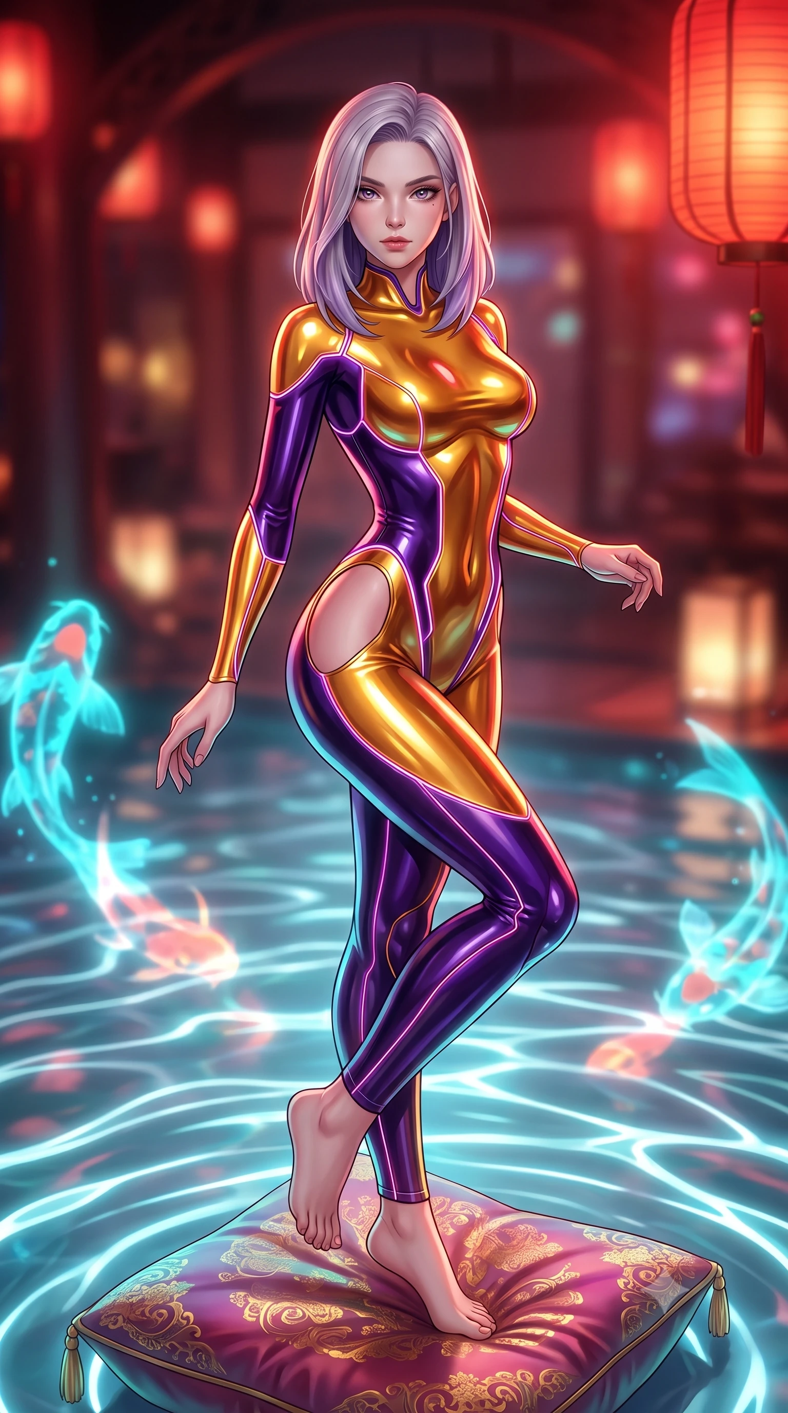 score_9, masterpiece, best quality, ultra-detailed, high-budget anime keyframe, semi-realistic 3D game render, editorial fashion photography, tasteful artistic composition, Caucasian woman. low angle full-body shot from head to toe showing her feet, filling the entire 9:16 vertical frame with her statuesque presence, stretching her vertical silhouette. pivoting dynamically in mid-motion with a breathtakingly alluring posture, displaying her flawless model proportions and ultra-slim waist while resting on a low silk cushion in a cyber-fusion pavilion with an alluring, direct stare. The composition keeps background elements in soft focus with creamy bokeh. glowing water ripples creating soft, undulating light patterns across the backdrop. She has an absolutely perfect, statuesque 8.5-heads proportion, an exceptionally tall and slender model-like female figure with impossibly long slender legs and an ultra-slim waist. sharp v-shaped jawline, high-bridge nose, intricate jewel-like eyes with depth, thick eyelashes, glossy lips with a natural sheen, flawlessly proportioned anatomical accuracy, natural body alignment, perfectly sculpted elegant limbs, clean dynamic posture without body distortion. wearing a skin-tight cybernetic bodysuit with glowing neon seams, deep hip cutouts, and an aerodynamic athletic fit in lustrous molten gold and pure deep violet, crafted from ultra-reflective second-skin latex with a glass-like polish, accented with glowing fiber-optic seams tracing her collarbones and hip curves, the daring cutouts accentuating her delicate midriff, graceful collarbones, and feminine contour. bathed in warm crimson lantern glow and cool cyan holographic koi refractions. highly saturated vibrant anime colors, detailed shading with soft gradients, rich glossy textures, high-contrast stereoscopic depth, volumetric dynamic lighting, master piece, 9:16 ratio