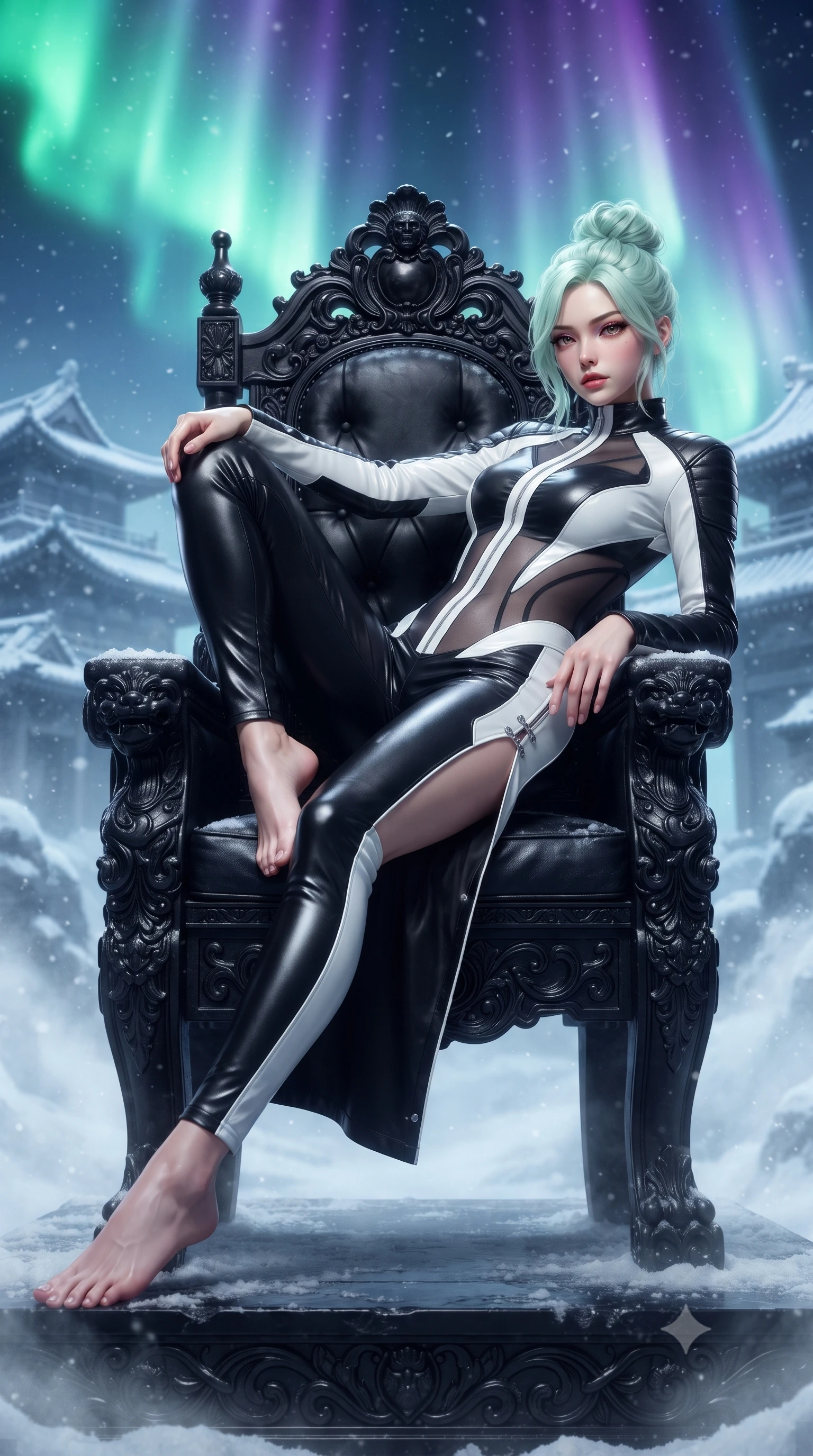 score_9, masterpiece, best quality, ultra-detailed, high-budget anime keyframe, editorial fashion photography, tasteful artistic composition, Japanese woman. low angle full-body shot from head to toe showing her feet, filling the entire 9:16 vertical frame with her statuesque presence, stretching her vertical silhouette. reclining on her side in an elegant Cleopatra pose with one knee drawn up, the dramatic contour of her rounded hips and long slender legs commanding the 9:16 vertical frame while reclining on a carved obsidian throne propped on one elbow, eyes glowing with supernatural magnetism as she glances past the camera. The composition keeps background elements in soft focus with creamy bokeh. frosted titanium temple pylons and swirling snow haze softened in dramatic cinematic depth. She has an absolutely perfect, statuesque 8.5-heads proportion, an exceptionally tall and slender model-like female figure with impossibly long slender legs, a toned flat midriff, an ultra-slim waist, and beautifully sculpted feminine hips. sharp v-shaped jawline, high-bridge nose, intricate jewel-like eyes with depth, thick eyelashes, glossy parted lips with a natural sheen, intensely captivating and seductive bedroom-eyes expression, flawlessly proportioned anatomical accuracy, strict slender model proportions, natural body alignment, perfectly sculpted long slender limbs, ultra-slim waistline, clean dynamic posture without body distortion. wearing a form-contouring high-tech valkyrie jumpsuit featuring sheer contouring mesh panels and reinforced shoulders in high-contrast black ski leather and arctic white, tailored from supple second-skin lambskin leather adhering to her curves, accented with an ultra-high side slit secured by miniature chrome clasps, the form-contouring material adhering flawlessly to her sculpted flat midriff and slender torso, emphasizing her long leg lines and perfectly proportioned willowy build. bathed in vibrant emerald and violet aurora backlighting from the polar sky. ultra-reflective glossy finish, specular highlights, rich textural contrasts, high-contrast stereoscopic depth, volumetric dynamic lighting, 2k, ultra detail, master piece, 9:16 ratio