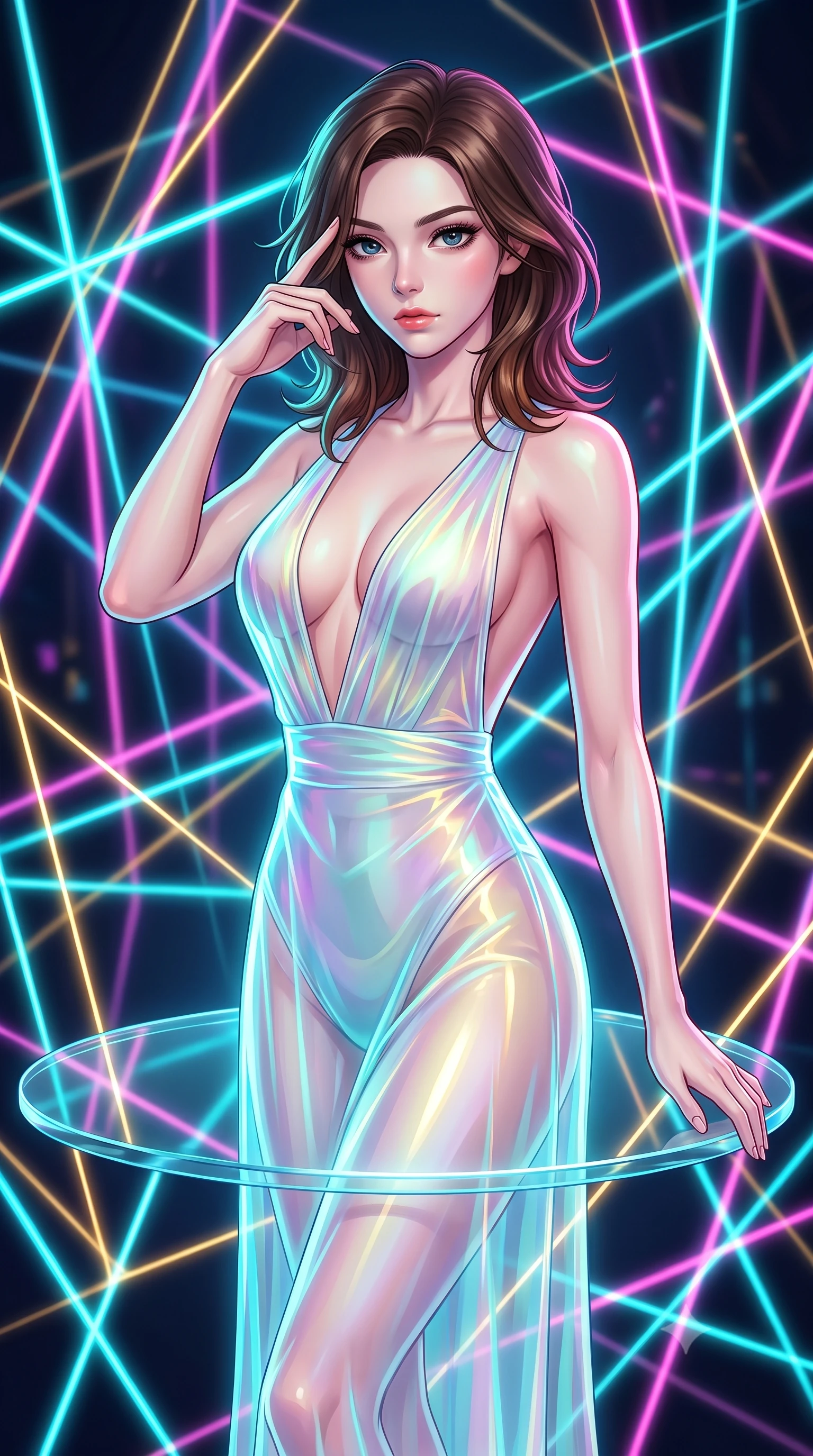 score_9, masterpiece, best quality, ultra-detailed, high-budget anime keyframe, editorial fashion photography, tasteful artistic composition, Korean woman. close-up cowboy shot from the waist and thighs up, the character dominates the composition, filling the frame with her large presence, background elements kept in soft focus. Pressing two fingers to her temple in a composed thoughtful gesture with an air of magnetic charisma poised on a floating glass disk suspended inside a geometric light matrix, fluorescent cyan, magenta, and gold light threads crossing in 3D space. She has an exceptionally elegant, slender, and willowy female figure with an ultra-slim waist, a gracefully sculpted slender torso, and a refined silhouette. sharp v-shaped jawline, high-bridge nose, intricate jewel-like eyes with depth, thick eyelashes, glossy lips with a natural sheen. wearing a translucent iridescent chiffon gown with a dramatic plunging neckline and open back, the tailored fabric tightly following every curve of her athletic build. illuminated by the brilliant glow of cyan and gold luminescent threads. highly saturated vibrant anime colors, detailed shading with soft gradients, rich glossy textures, high-contrast stereoscopic depth, volumetric dynamic lighting, master piece, 9:16 ratio