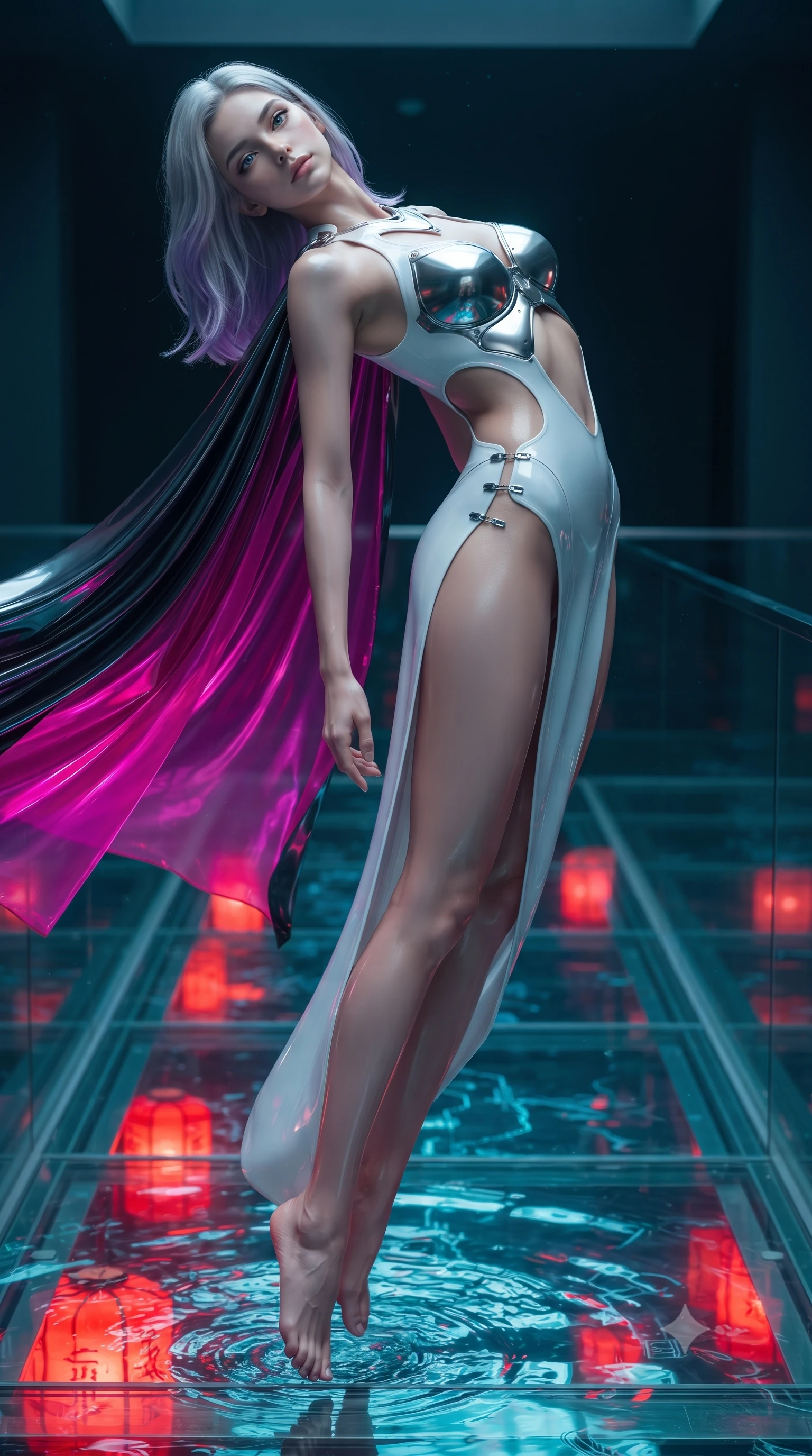 score_9, masterpiece, best quality, ultra-detailed, high-budget anime keyframe, editorial fashion photography, tasteful artistic composition, Caucasian woman. low angle full-body shot from head to toe showing her feet, filling the entire 9:16 vertical frame with her statuesque presence, stretching her vertical silhouette. arching her spine in a fluid zero-gravity turn with sovereign grace, her long slender legs and sculpted torso creating a sweeping line while arching her back in a fluid motion on a submerged glass walkway catching dramatic scarlet and cyan reflections. The surrounding environment is rendered in vivid detail and crisp panoramic clarity. sharp digital circuit water ripples, vermilion cyber-lanterns, and black glass walkway in high clarity. She has an absolutely perfect, statuesque 8.5-heads proportion, an exceptionally tall and slender model-like female figure with impossibly long slender legs, a toned flat midriff, and an ultra-slim waist. sharp v-shaped jawline, high-bridge nose, intricate jewel-like eyes with depth, thick eyelashes, glossy lips with a natural sheen, flawlessly proportioned anatomical accuracy, strict slender model proportions, natural body alignment, perfectly sculpted long slender limbs, ultra-slim waistline, clean dynamic posture without body distortion. wearing a form-contouring white liquid-mercury gown with polished silver biomechanical breastplate and flowing luminescent chiffon cape in vibrant electric magenta and ultra-reflective dark titanium, formed from high-gloss patent material with specular chiaroscuro reflections, finished with an ultra-high side slit secured by miniature magnetic clasps, the precision-cut daring openings accentuating her delicate midriff, graceful bare collarbones, and ultra-slim feminine waistline. illuminated by crisp specular highlights tracing her sculpted flat midriff, waist, and long slender legs. ultra-reflective glossy finish, specular highlights, dark metallic sheen, high-contrast stereoscopic depth, volumetric dynamic lighting, 2k, ultra detail, master piece, 9:16 ratio