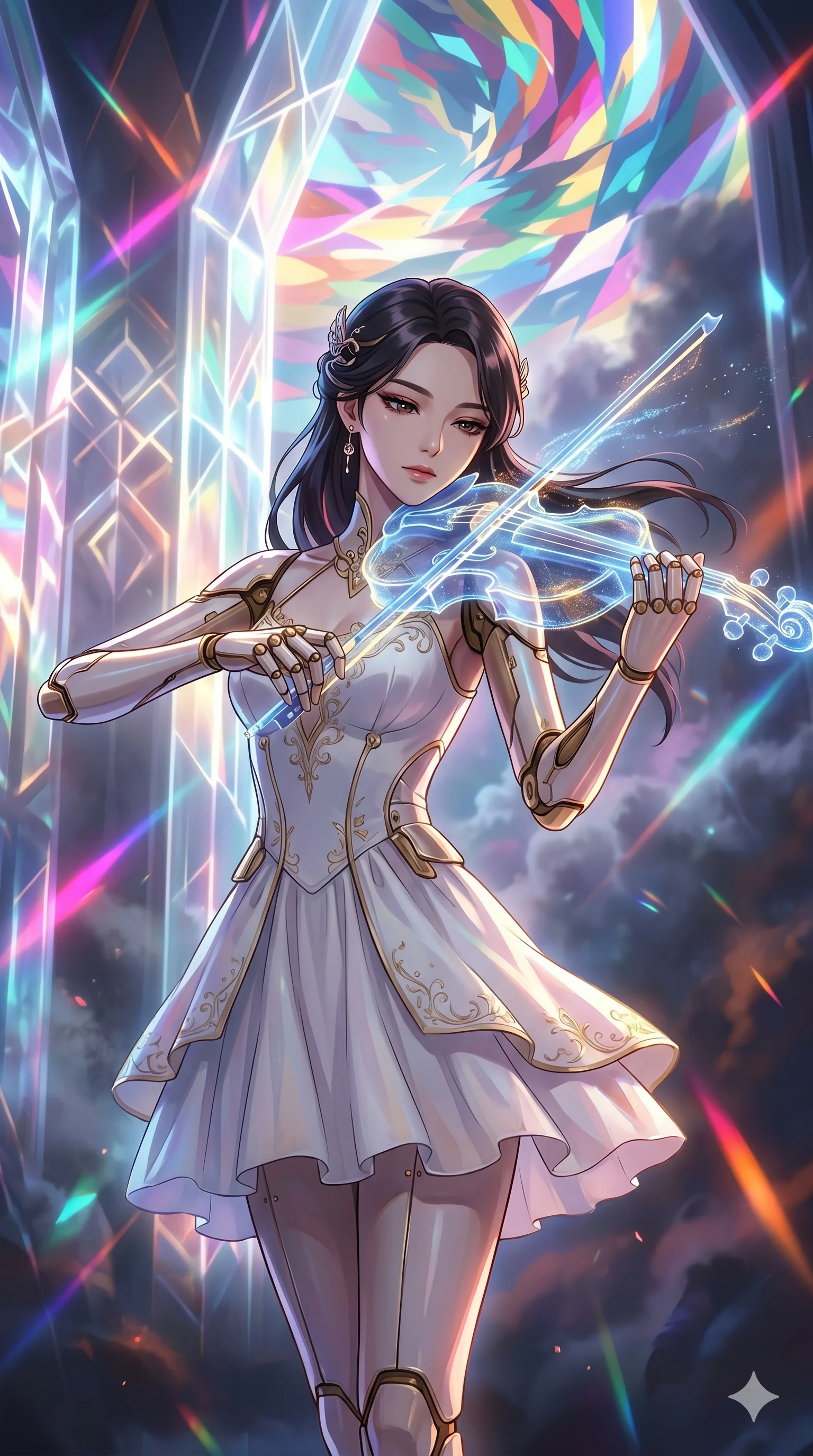 score_9, masterpiece, best quality, ultra-detailed, Set A: High-budget Anime Keyframe, Korean woman. Upper body close-up from the thighs up, character filling the screen for maximum presence. Theme: Ethereal Dream. playing a holographic violin in a temple made of solid light, with a look of serene power as the sky splits into 98 colors. The atmosphere is filled with heavy smog with neon flares. She has an absolutely perfect 8-heads proportion, an exceptionally tall and slender female figure with impossibly long slender legs and an ultra-slim waist. Sharp v-shaped jawline, high-bridge nose, intricate jewel-like eyes with depth, glossy lips. Wearing Mechanical doll outfit with visible brass joints and a delicate porcelain-white dress. Cinematic lighting, vivid colors, dramatic shadows, 2k, ultra detail, master piece, 9:16 ratio
