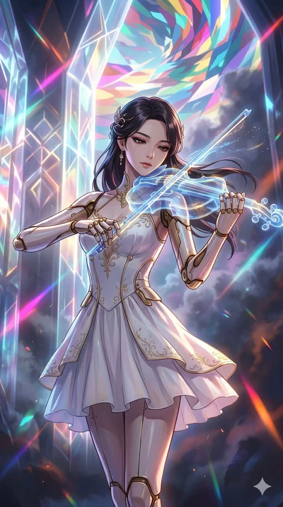 score_9, masterpiece, best quality, ultra-detailed, Set A: High-budget Anime Keyframe, Korean woman. Upper body close-up from the thighs up, character filling the screen for maximum presence. Theme: Ethereal Dream. playing a holographic violin in a t