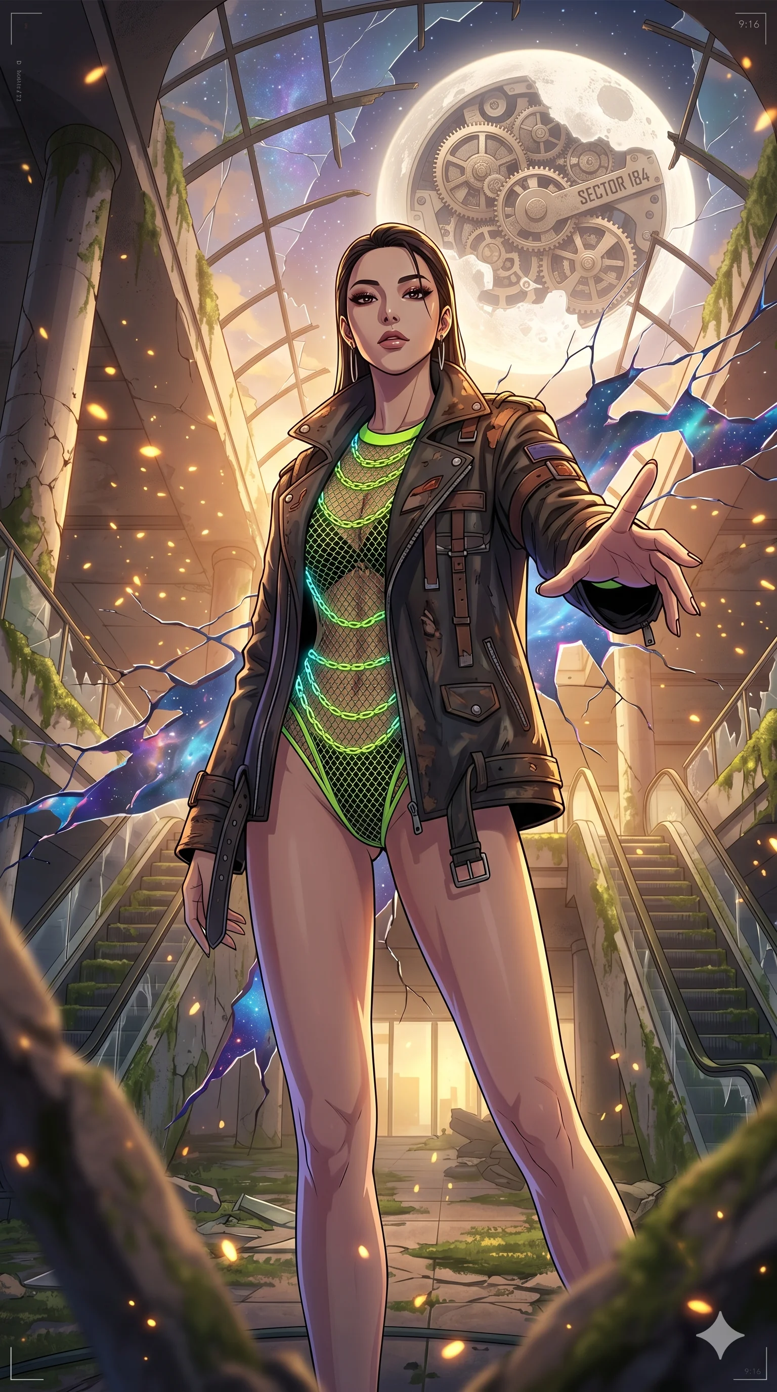 score_9, masterpiece, best quality, ultra-detailed, Set A: High-budget Anime Keyframe, Korean woman. Low angle cowboy shot filling the entire 9:16 frame with her statuesque presence. Theme: Ethereal Dream. shattering the fabric of reality in a ruined overgrown shopping mall, with a massive clockwork moon ticking behind her as sector 184. The atmosphere is filled with golden hour with floating embers. She has an absolutely perfect 8-heads proportion, an exceptionally tall and slender female figure with impossibly long slender legs and an ultra-slim waist. Sharp v-shaped jawline, high-bridge nose, intricate jewel-like eyes with depth, glossy lips. Wearing Distressed leather wasteland-rebel jacket over a neon-chained mesh bodysuit. Cinematic lighting, vivid colors, dramatic shadows, 2k, ultra detail, master piece, 9:16 ratio