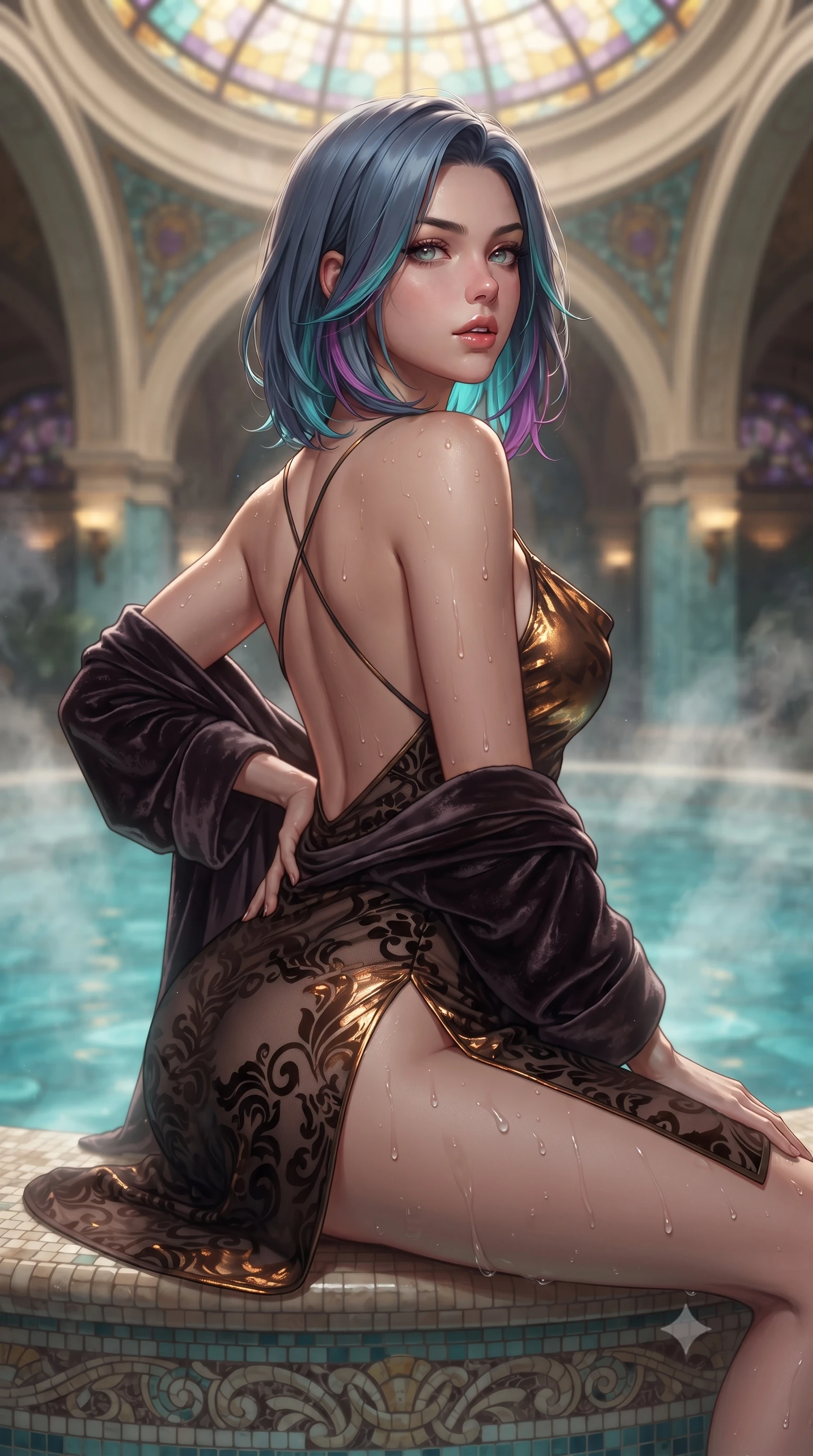 score_9, masterpiece, best quality, ultra-detailed, high-budget anime keyframe, editorial fashion photography, tasteful artistic composition, Caucasian woman. close-up cowboy shot from the waist and thighs up, the character dominates the composition, filling the frame with her large presence. posing in an alluring rear three-quarter angle, arching her lower back in a pronounced S-curve with one hand on her hip, glancing seductively over her bare shoulder with parted glossy lips while sitting on the carved mosaic rim of a thermal mineral pool beneath soaring Art Nouveau arches, water droplets beading on her curvy hips as she looks back. The composition keeps background elements in soft focus with creamy bokeh. swirling thermal steam clouds and Art Nouveau stained-glass dome facets blurred into aquatic turquoise, gold, and amethyst bokeh. She has an exceptionally elegant, slender, and willowy female figure with an ultra-slim waist, flat toned midriff, narrow ribcage, and sculpted feminine hips creating an alluring, slim hourglass silhouette without bulk. sharp v-shaped jawline, high-bridge nose, intricate jewel-like eyes with depth, thick eyelashes, glossy parted lips with a natural sheen, intensely captivating and seductive bedroom-eyes expression, flawlessly proportioned anatomical accuracy, strict slender model proportions, natural body alignment, perfectly sculpted long slender limbs, ultra-slim waistline, clean dynamic posture without body distortion. wearing a backless cowl-neck satin slip dress featuring high-cut side hip slits and delicate criss-cross back straps in dark espresso brown and molten gold foil, made of sheer contouring power-mesh with velvet flocking patterns, complemented by a plush velvet shawl draped loosely over her elbows, the form-contouring material adhering flawlessly to her sculpted flat midriff and slender torso, emphasizing her long leg lines and perfectly proportioned willowy build. bathed in soft underwater turquoise pool illumination and warm golden stone sconce uplights. ultra-reflective glossy finish, specular highlights, rich textural contrasts, high-contrast stereoscopic depth, volumetric dynamic lighting, 2k, ultra detail, master piece, 9:16 ratio