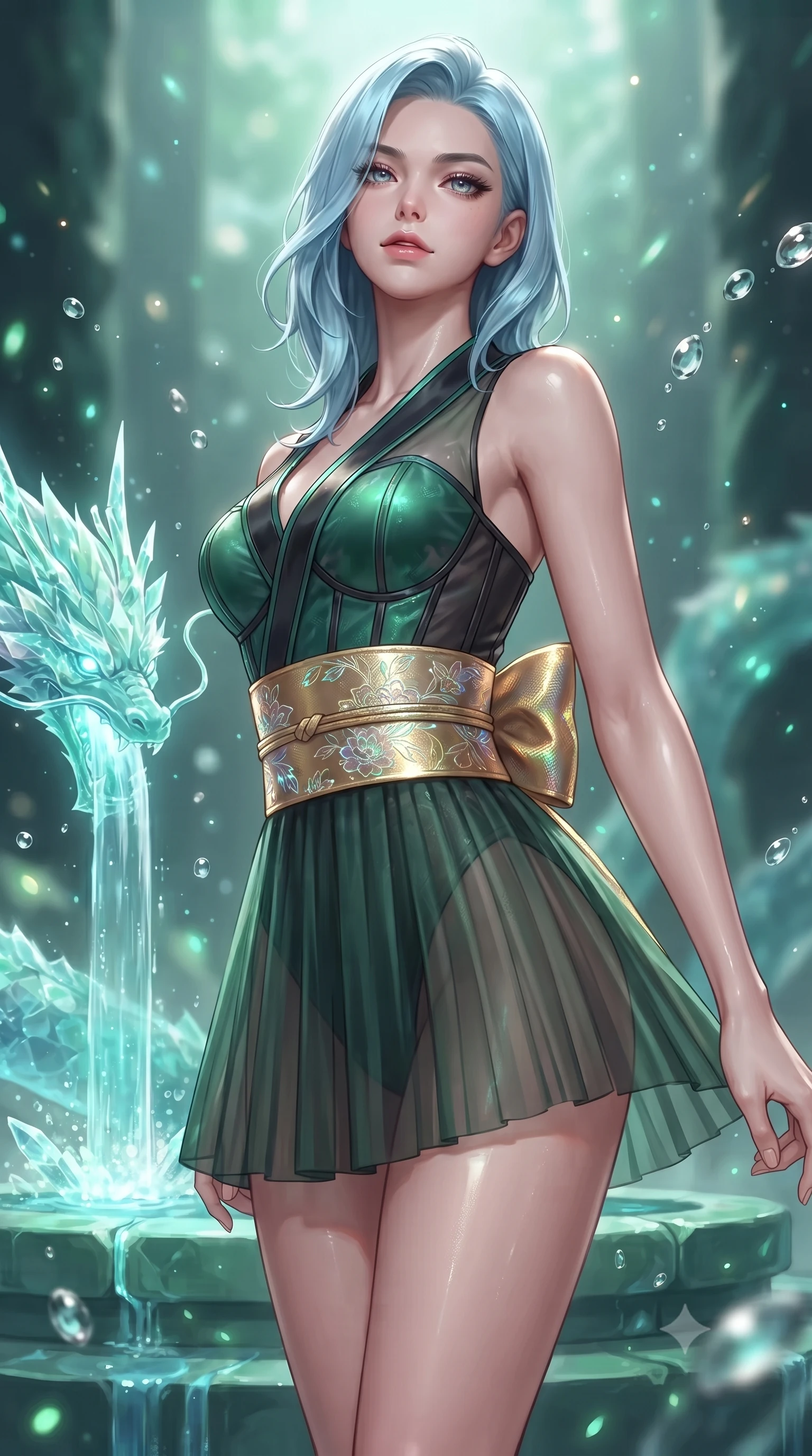 score_9, masterpiece, best quality, ultra-detailed, high-budget anime keyframe, editorial fashion photography, tasteful artistic composition, Korean woman. close-up cowboy shot from the waist and thighs up, the character dominates the composition, filling the frame with her large presence. tilting her chin up with proud, sovereign confidence while gazing directly into the lens with thick, dark eyelashes while standing poised on a sculpted jade terrace beside a glowing crystalline dragon spring where bioluminescent water cascades. The composition keeps background elements in soft focus with creamy bokeh. sparkling water droplets and glowing jade micro-particles scattering luminous light motes. She has an exceptionally elegant, slender, and willowy female figure with an ultra-slim waist, a gracefully sculpted slender torso, toned flat midriff, and a refined slim silhouette. sharp v-shaped jawline, high-bridge nose, intricate jewel-like eyes with depth, thick eyelashes, glossy lips with a natural sheen, captivating and magnetic expression, flawlessly proportioned anatomical accuracy, strict slender model proportions, natural body alignment, perfectly sculpted long slender limbs, ultra-slim waistline, clean dynamic posture without body distortion. wearing a sacred shrine maiden couture robe with sheer pleated chiffon skirt and structured scarlet corset top in jade green and dark obsidian, crafted from weightless prism organza that refracts light with every motion, complemented by a wide metallic gold obi sash with holographic floral embroidery, the liquid-tight tailored fabric emphasizing every curve of her tall, slender model proportions and sculptured silhouette during dynamic movement. illuminated by wet reflective highlights defining her sculpted neck, waistline, and slender legs. ultra-reflective glossy finish, specular highlights, rich textural contrasts, high-contrast stereoscopic depth, volumetric dynamic lighting, 2k, ultra detail, master piece, 9:16 ratio