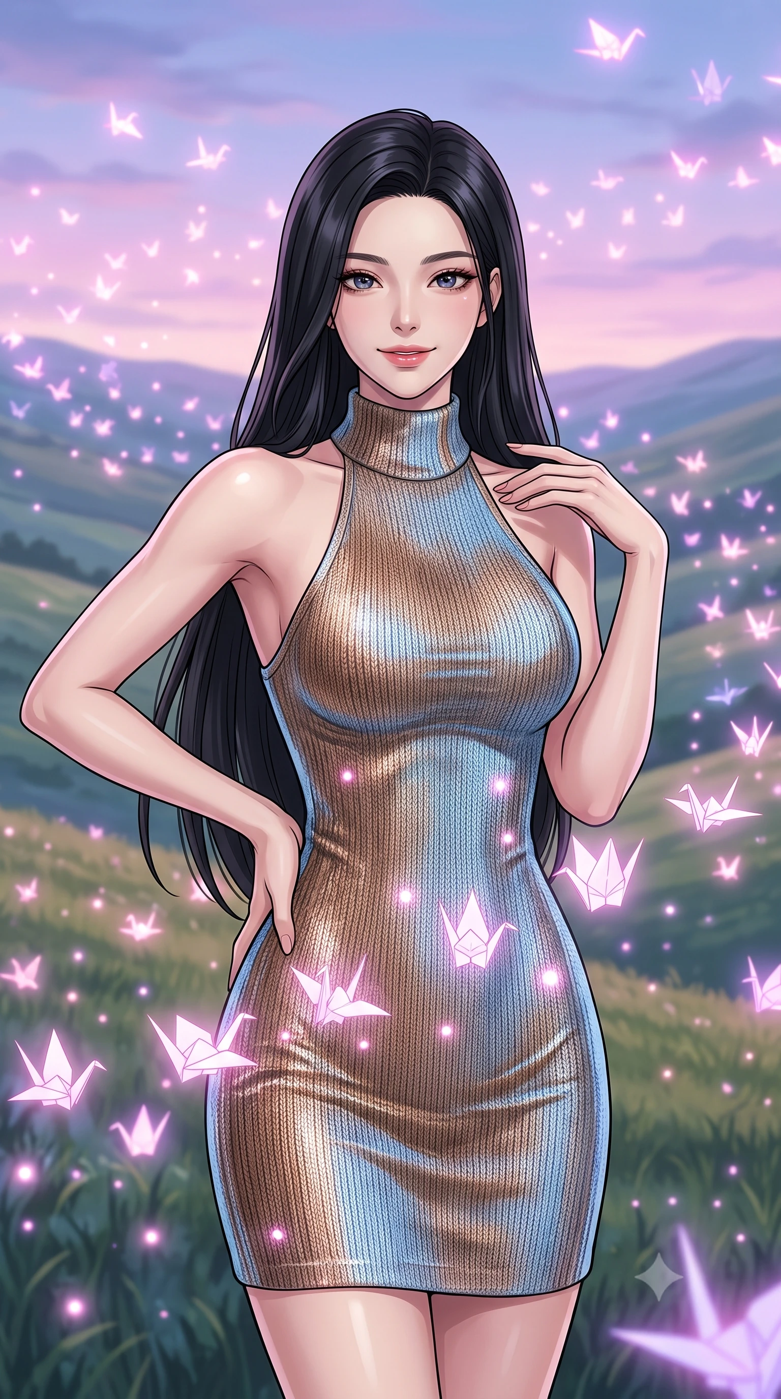 score_9, masterpiece, best quality, ultra-detailed, high-budget anime keyframe, editorial fashion photography, tasteful artistic composition, gorgeous anime illustration, with clean line-art, distinct ink outlines, and high-contrast stereoscopic depth, Korean woman. close-up cowboy shot from the waist and thighs up, the character dominates the composition, filling the frame with her large presence, background elements kept in soft focus. Smiling softly with a knowing, happy look in her eyes. set against a soft-focus background of in a grassy valley under a pastel evening sky where thousands of glowing paper cranes migrate through the air like magical birds. She has an exceptionally elegant, slender, and willowy female figure with a highly-defined ultra-slim waist, a gracefully sculpted slender torso, and a refined slim-fit silhouette that contours her form. sharp v-shaped jawline, high-bridge nose, intricate jewel-like eyes with depth, thick eyelashes, glossy lips with a natural sheen. wearing a high-neck racer-back fitted dress in a metallic bronze and sky blue knit, highlighting her athletic shoulders and slender torso. soft pastel pink and lavender glow from the migrating paper cranes casting gentle points of light onto the landscape. 2k, ultra detail, master piece, 9:16 ratio, highly saturated vibrant anime colors, detailed cel-shading with soft gradients, rich glossy textures, deep contrast, volumetric dynamic lighting, 2d animation style