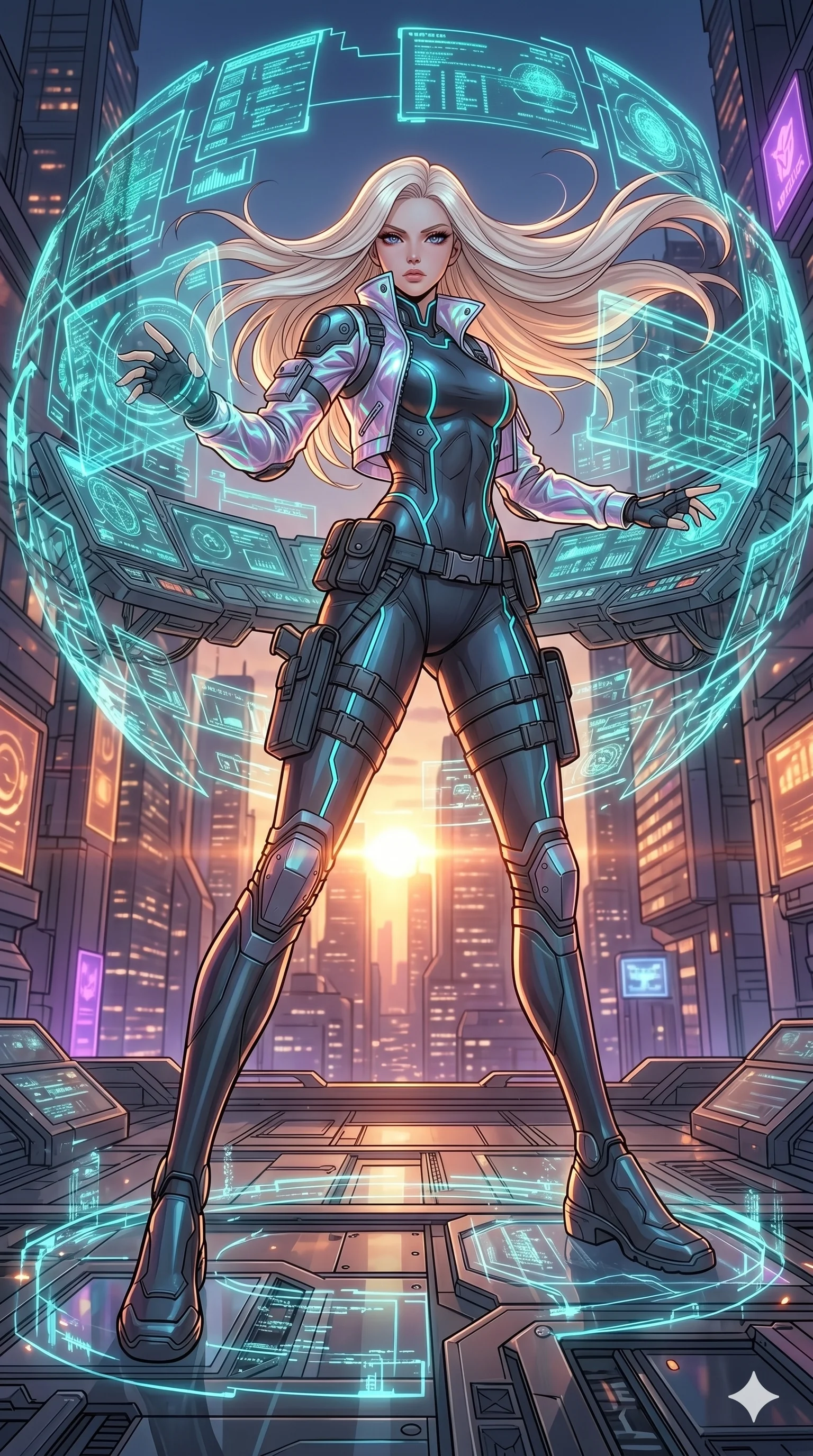 score_9, masterpiece, best quality, ultra-detailed, high-budget anime movie keyframe, cinematic anime lighting, intricate line art, Korean woman. Low angle cowboy shot capturing a powerful motion and statuesque presence. operating a holographic console that surrounds her like a cage. She has an absolutely perfect 8-heads proportion, an exceptionally tall and slender female figure with an ultra-slim waist and impossibly long slender legs. strictly human anatomy, two legs only, no extra limbs, clearly defined legs and arms, perfect anatomy, perfect hands and fingers. sharp v-shaped jawline, high-bridge nose, intricate jewel-like eyes, thick eyelashes, glossy lips. Wearing Tech-Fantasy: Cybernetic tech-suit with glowing seams, translucent PVC over leotard, and modular tactical gear. The scene is illuminated by dramatic atmospheric lighting and vibrant color palettes. , 2k, ultra detail, master piece, 9:16 ratio