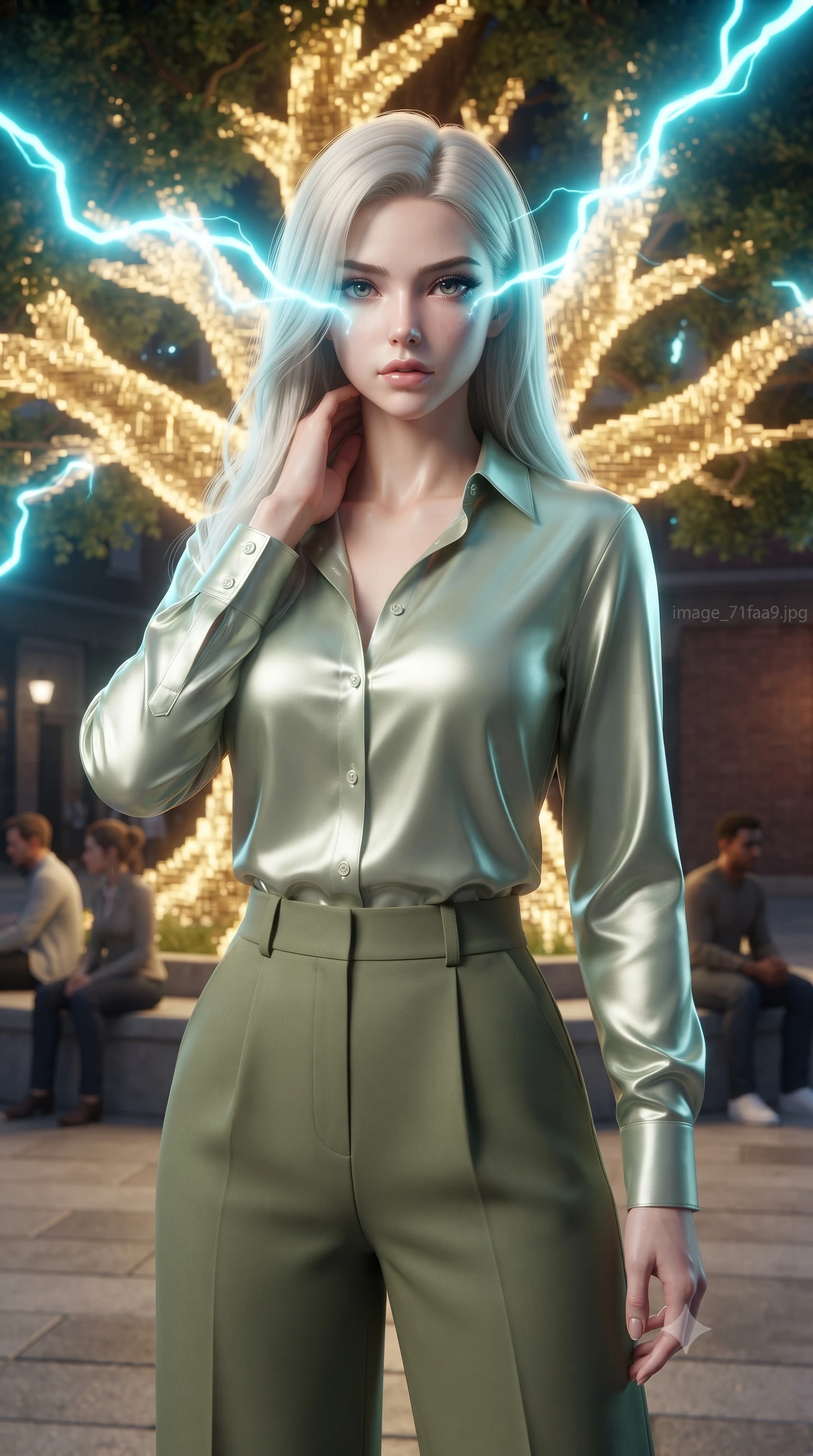score_9, masterpiece, best quality, ultra-detailed, high-budget anime keyframe, editorial fashion photography, tasteful artistic composition, realistic cosplay photography, Caucasian woman, strictly human ears. close-up cowboy shot from the waist and thighs up, the character dominates the composition, filling the frame with her large presence, background elements kept in soft focus. Overloading the reactor core, her face illuminated by the bright cyan electrical energy arcing around her. set against a soft-focus background of a public plaza where a massive ancient oak tree is represented by glowing golden digital voxels, people sitting in soft focus. She has an exceptionally elegant and slender, willowy female figure with an ultra-slim waist, a gracefully sculpted slender torso, and a refined slim physique. sharp v-shaped jawline, high-bridge nose, intricate jewel-like eyes with depth, thick eyelashes, glossy lips with a natural sheen. wearing catching and diffusing the glowing particles, shimmering softly in response to the surrounding light, a form-contouring pale sage green button-down silk shirt tucked into high-waisted olive green wide-leg trousers. glowing kintsugi gold light radiating from cracks in the environment creating a majestic inner glow. ultra-reflective glossy finish, specular highlights, metallic sheen, high-contrast stereoscopic depth, volumetric dynamic lighting, 2k, ultra detail, master piece, 9:16 ratio