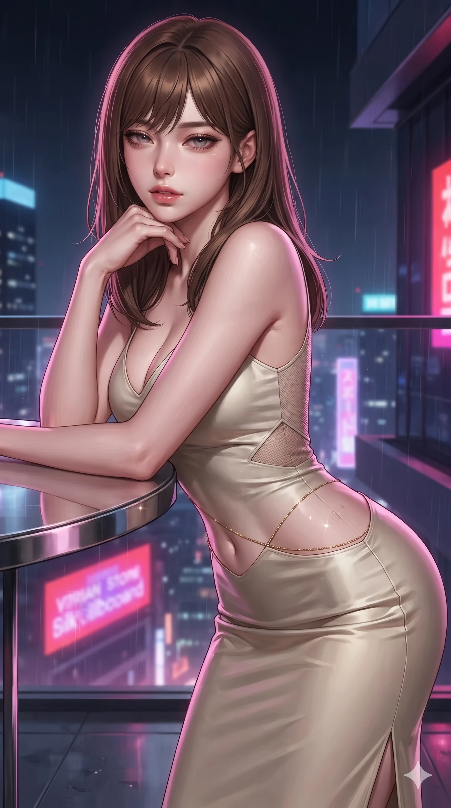 score_9, masterpiece, best quality, ultra-detailed, high-budget anime keyframe, editorial fashion photography, tasteful artistic composition, Korean woman. close-up cowboy shot from the waist and thighs up, the character dominates the composition, filling the frame with her large presence. resting one elbow on the table and supporting her chin, leaning close to the camera with heavy-lidded sparkling eyes and parted lips while twisting her slender torso in an alluring contrapposto, vibrant scarlet and violet billboard reflections tracing her flat midriff and hourglass curves. The surrounding environment is rendered in vivid detail and crisp panoramic clarity: detailed wet-look silk wrap tailoring, fine mesh cutouts, and futuristic penthouse balcony architecture in razor-sharp clarity. She has an exceptionally elegant, slender, and willowy female figure with an ultra-slim waist, flat toned midriff, narrow ribcage, and sculpted feminine hips creating an alluring, slim hourglass silhouette without bulk. sharp v-shaped jawline, high-bridge nose, intricate jewel-like sparkling eyes with depth, thick eyelashes, glossy parted lips with a natural sheen, intensely captivating and seductive bedroom-eyes expression, exuding both youthful cute charm and sovereign luxury allure, flawlessly proportioned anatomical accuracy, strict slender model proportions, natural body alignment, perfectly sculpted long slender limbs, ultra-slim waistline, clean dynamic posture without body distortion. wearing a form-fitting liquid mercury jersey evening dress clinging smoothly to her narrow waist and rounded hips in Istrian stone cream and antique gold-leaf, tailored from smooth liquid silk satin that clings smoothly to her narrow waist and rounded hips with a dewy sheen, accented with a dainty gold belly chain resting across her flat midriff and curving hips, the form-contouring cut accentuating her sculpted flat midriff, narrow delicate ribcage, and gracefully curvy hips with intoxicating allure. illuminated by rain puddle bounce and sharp scarlet-violet rim lights sculpting her razor-sharp jawline, narrow waist, and curvy hips. ultra-reflective glossy finish, specular highlights, rich textural contrasts, high-contrast stereoscopic depth, volumetric dynamic lighting, 2k, ultra detail, master piece, 9:16 ratio