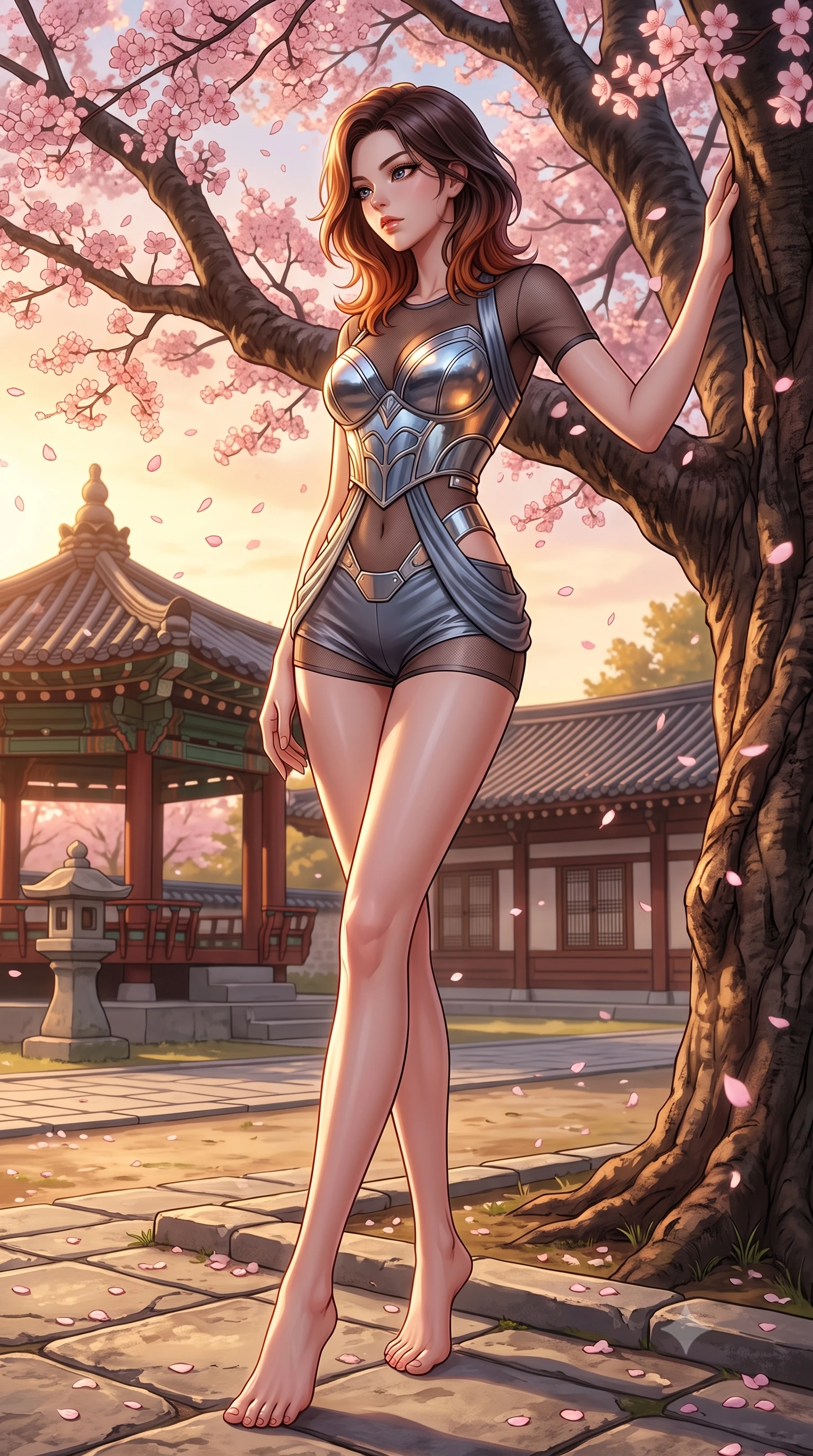 score_9, masterpiece, best quality, ultra-detailed, high-budget anime keyframe, editorial fashion photography, tasteful artistic composition, Korean woman. low angle full-body shot from head to toe showing her feet, filling the entire 9:16 vertical frame with her statuesque presence, stretching her vertical silhouette. forging dynamically through the scene, her vertical silhouette beautifully stretched resting against a courtyard cherry blossom tree as pink petals rain softly around her, warm amber glow illuminating the quiet architectural details of the campus. She has an absolutely perfect, statuesque 8.5-heads proportion, an exceptionally tall and slender model-like female figure with impossibly long slender legs and an ultra-slim waist. sharp v-shaped jawline, high-bridge nose, intricate jewel-like eyes with depth, thick eyelashes, glossy lips with a natural sheen. wearing a chrome-plated structured bodice worn over a sheer mesh top and micro-shorts in slate blue and metallic silver, crafted from smooth liquid silk, featuring subtle geometric cutouts that highlight her ultra-slim midriff, the elegant draped fit framing her graceful clavicle and slender torso. illuminated by soft glowing evening sunbeams filtering through sakura branches. highly saturated vibrant anime colors, detailed shading with soft gradients, rich glossy textures, high-contrast stereoscopic depth, volumetric dynamic lighting, master piece, 9:16 ratio