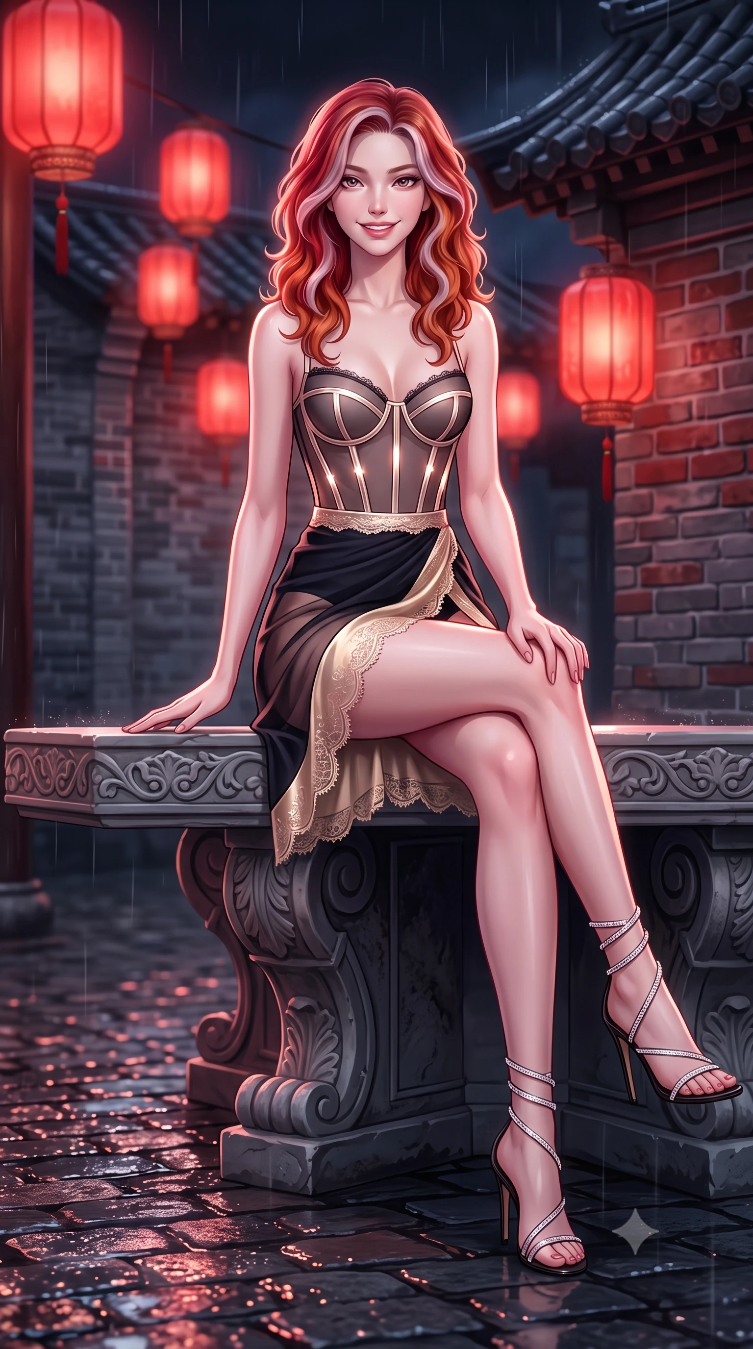 score_9, masterpiece, best quality, ultra-detailed, high-budget anime keyframe, semi-realistic 3D game render, editorial fashion photography, tasteful artistic composition, Caucasian woman. low angle full-body shot from head to toe showing her feet, filling the entire 9:16 vertical frame with her statuesque presence, stretching her vertical silhouette. reclining gracefully across the plush chaise lounge with one leg extended, her sculpted silhouette and flat midriff radiating magnetic nocturnal glamour while sitting gracefully on the carved stone bench with legs crossed, flashing a radiant, flirtatious smile toward the lens. The background shows a soft-focus red silk lanterns casting crimson glows on historic grey and red brickwork, wet cobblestone reflections, and dark tiled eaves blurred into vermilion, amber, and charcoal bokeh. She has an exceptionally tall and slender model-like 8.5-heads proportion, an ultra-slim waist, a flat toned midriff, narrow delicate ribcage, and beautifully sculpted feminine hips creating a graceful, slim hourglass silhouette without any bulky heaviness, with impossibly long slender legs. sharp v-shaped jawline, high-bridge nose, intricate jewel-like sparkling eyes with depth, thick eyelashes, glossy parted lips with a natural peach sheen, bright cheerful beaming smile with an enchanting and coquettish sensual glint, exuding both youthful cute charm and seductive allure, flawlessly proportioned anatomical accuracy, strict slender model proportions, natural body alignment, perfectly sculpted long slender limbs, ultra-slim waistline, clean dynamic posture without body distortion. wearing a sculpted underwire cyber-corset in translucent tech-tulle with illuminated boning channels paired with a sheer mini skirt in deep midnight obsidian black and liquid champagne gold, made of delicate semi-sheer French Chantilly lace with intricate eyelash edges, complemented by strappy stiletto sandals with crystal ankle wraps accentuating her slender calves, the high-slit wrap tailoring accentuating her ultra-slim waistline and the enchanting curve of her feminine hips with alluring seductive charm. illuminated by wet ground specular highlights and sharp rose-gold rim lights sculpting her jawline, flat midriff, and curvy hips. highly saturated vibrant anime colors, detailed shading with soft gradients, rich glossy textures, high-contrast stereoscopic depth, volumetric dynamic lighting, master piece, 9:16 ratio