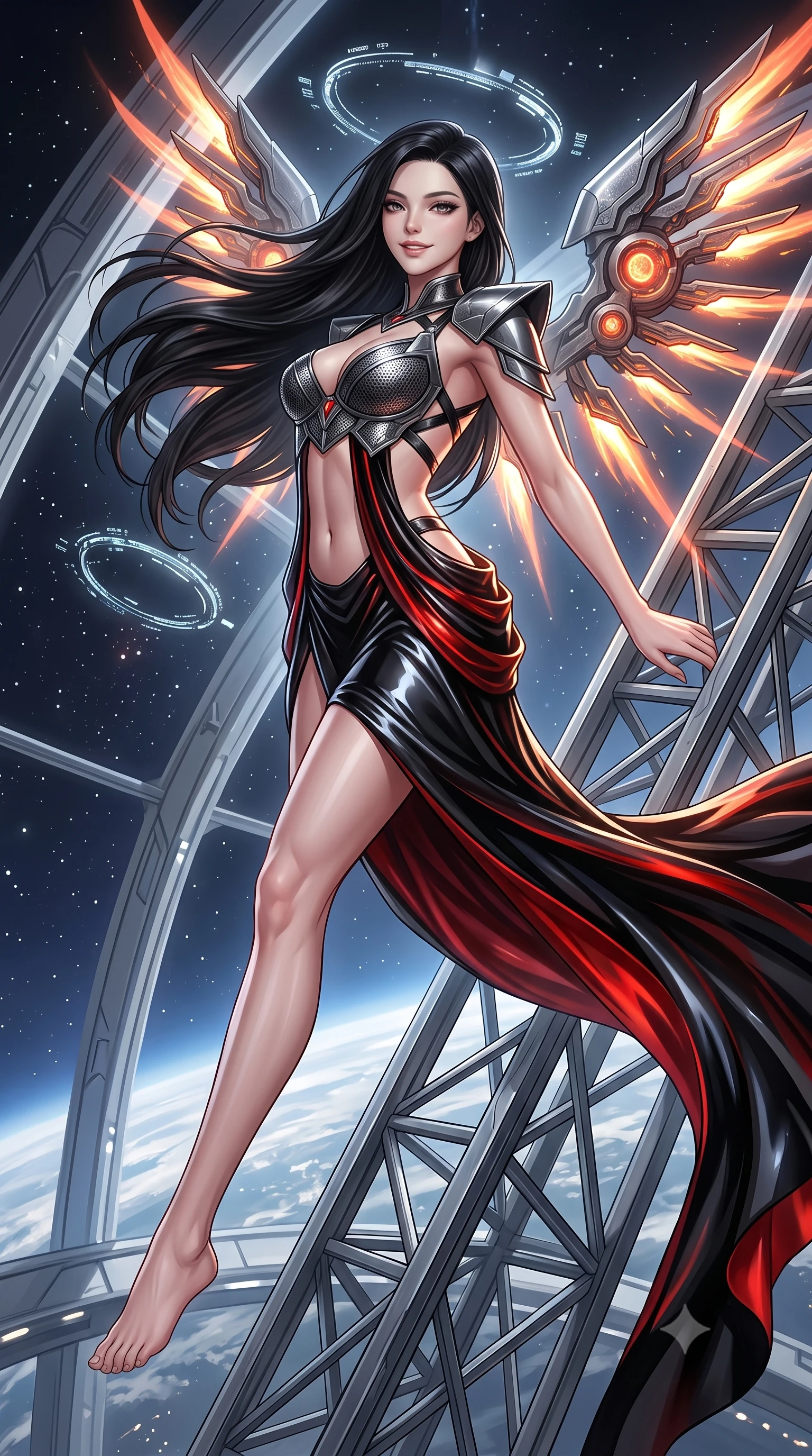 score_9, masterpiece, best quality, ultra-detailed, high-budget anime keyframe, semi-realistic 3D game render, editorial fashion photography, tasteful artistic composition, Korean woman. low angle full-body shot from head to toe showing her feet, filling the entire 9:16 vertical frame with her statuesque presence, stretching her vertical silhouette. arching her back gracefully in mid-air as glowing mechanical wings and floating cybernetic halos frame her statuesque presence while leaning against a structural titanium truss with a confident, celestial smile looking directly into the lens. The surrounding environment is rendered in vivid detail and crisp panoramic clarity. dramatic orbital chiaroscuro and grand space-age engineering rendered in panoramic precision. She has an absolutely perfect, statuesque 8.5-heads proportion, an exceptionally tall and slender model-like female figure with impossibly long slender legs, a toned flat midriff, and an ultra-slim waist. sharp v-shaped jawline, high-bridge nose, intricate jewel-like eyes with depth, thick eyelashes, glossy lips with a natural sheen, flawlessly proportioned anatomical accuracy, strict slender model proportions, natural body alignment, perfectly sculpted long slender limbs, ultra-slim waistline, clean dynamic posture without body distortion. wearing a structured titanium-mesh bustier with geometric shoulder pauldrons and an ultra-slender liquid jersey drape in high-gloss obsidian black and burning laser crimson accents, made of liquid jersey fabric that clings flawlessly to every contour of her build, complemented by criss-cross back straps highlighting her completely bare spine, the form-contouring material adhering flawlessly to her sculpted flat midriff and slender torso, emphasizing her long leg lines and perfectly proportioned willowy build. surrounded by an awe-inspiring, supreme, and radiantly divine cosmic sovereign aura. rich saturated anime colors with glowing neon highlights, detailed shading with soft gradients, rich glossy textures, high-contrast stereoscopic depth, volumetric dynamic lighting, master piece, 9:16 ratio